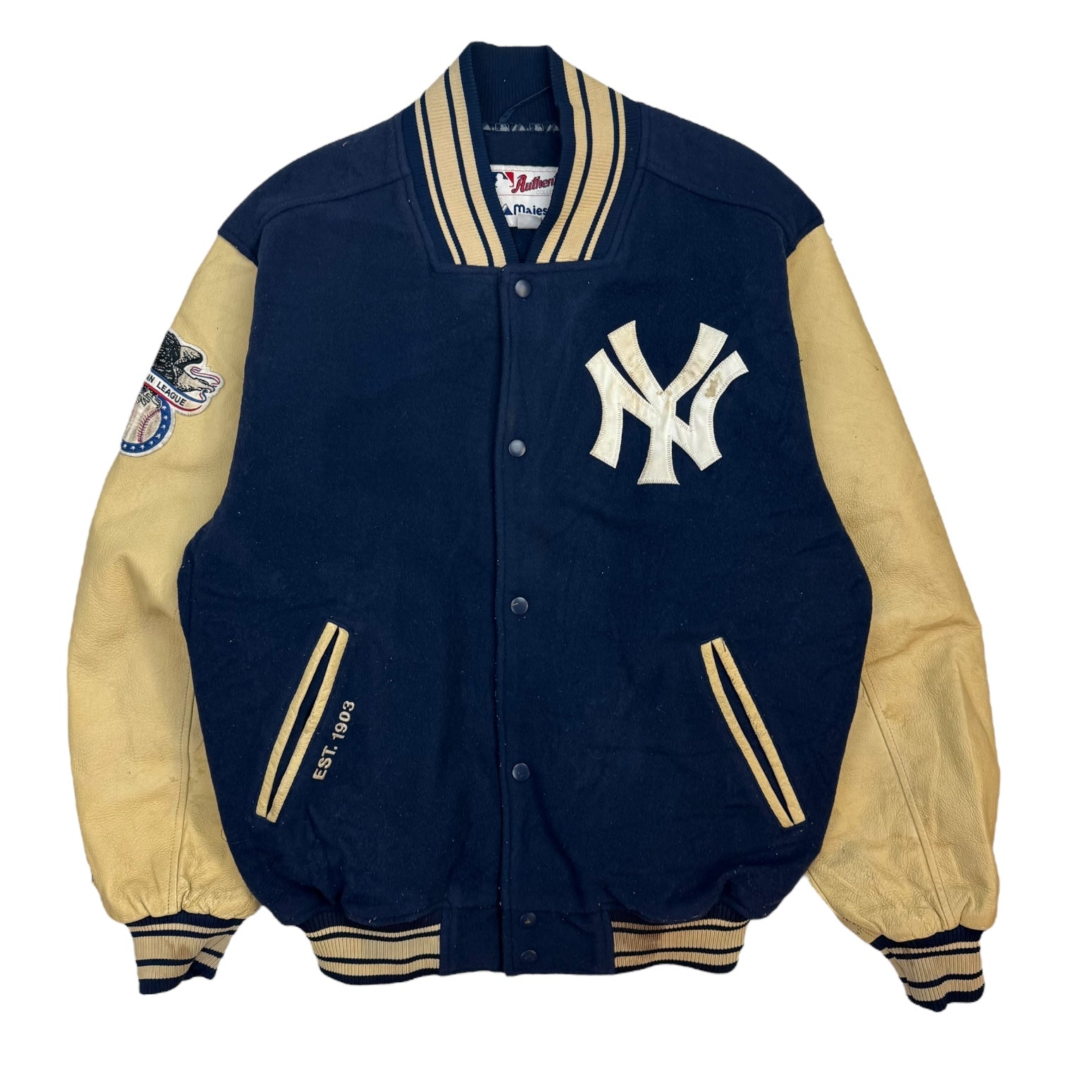 1990s Majestic New York Yankees Letterman Jacket Leather Navy Blue