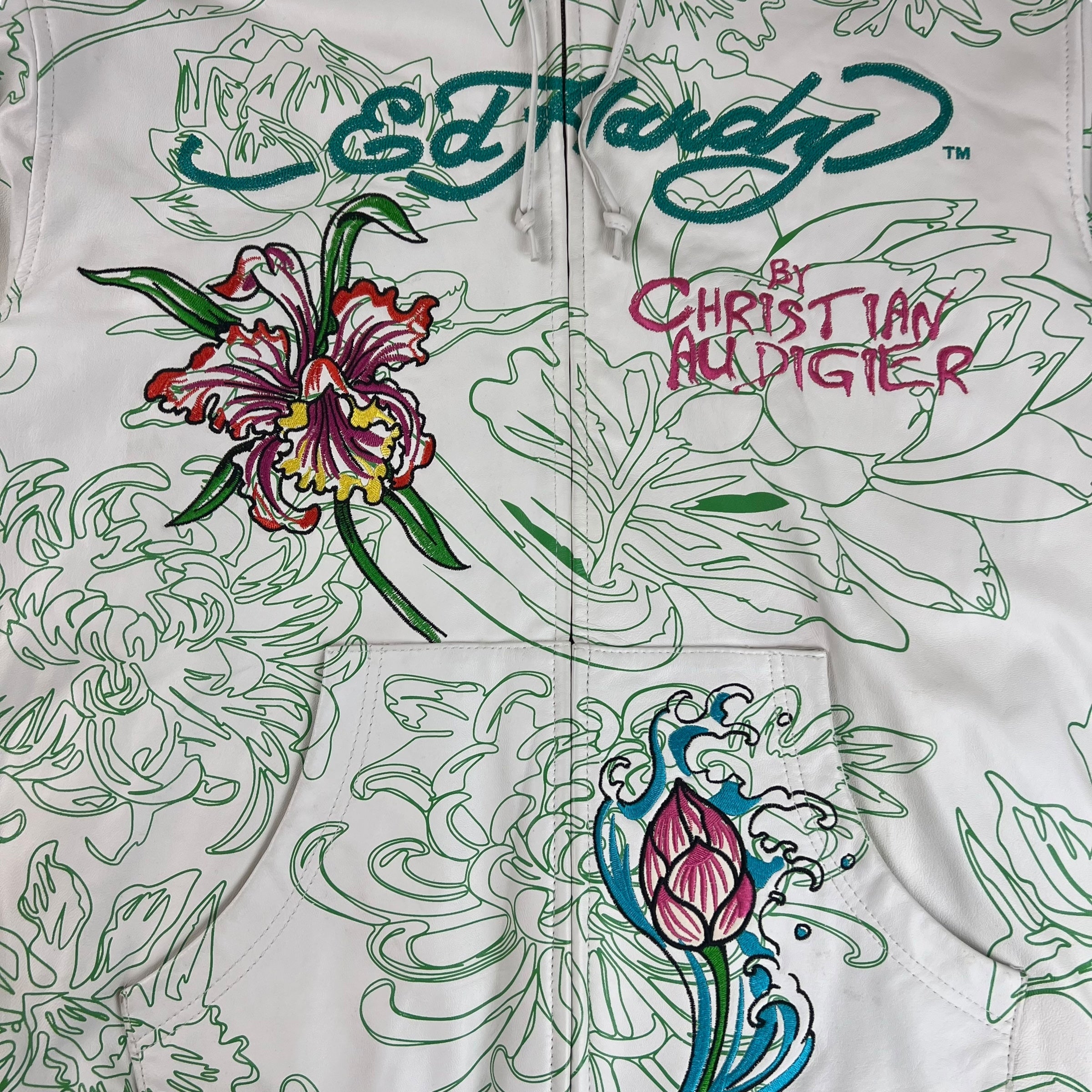 Vintage Y2K Ed Hardy Embroidered Hooded Leather Zip-Up White