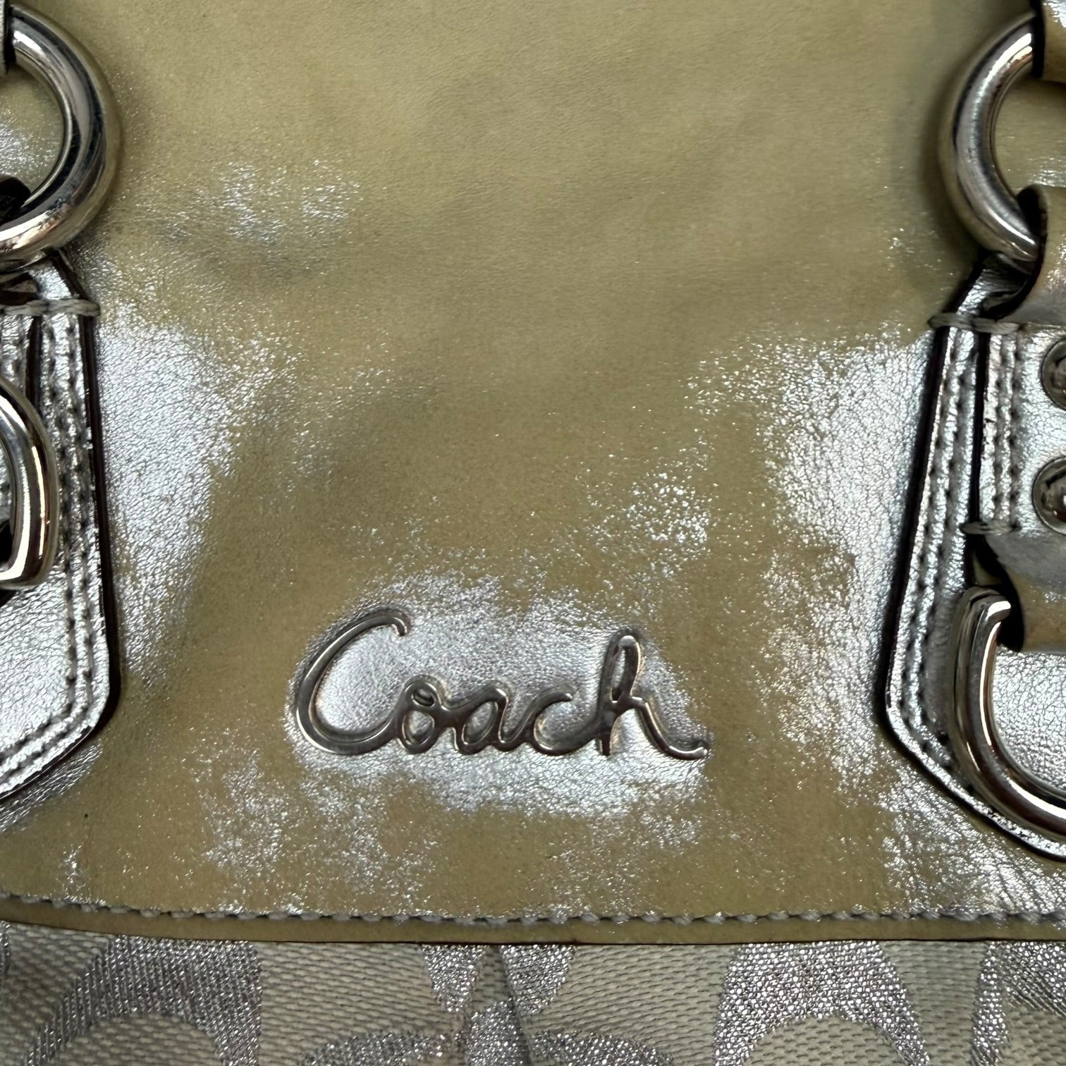 (W) Coach Ashley Signature Satchel Silver/Beige