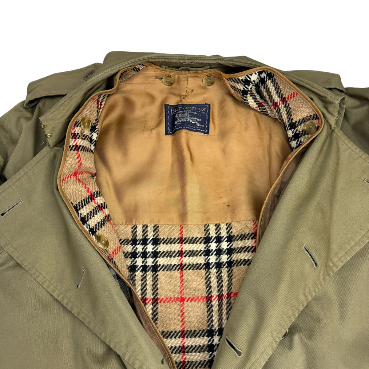 Vintage Burberrys Wool Lined Nova Check Pattern Trench Coat Olive Green