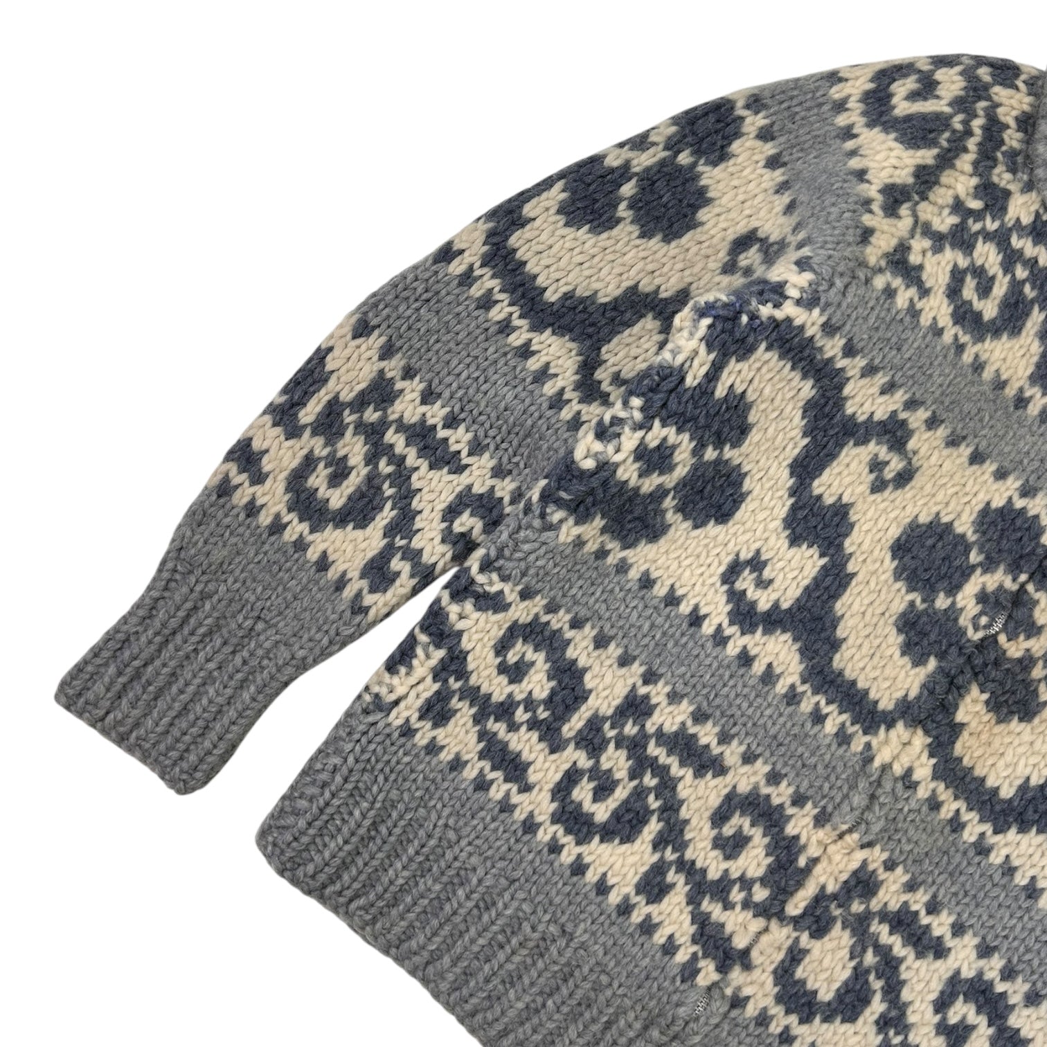 Vintage Wool Cowichan Floral Knit Zip-Up Sweater Blue/Cream