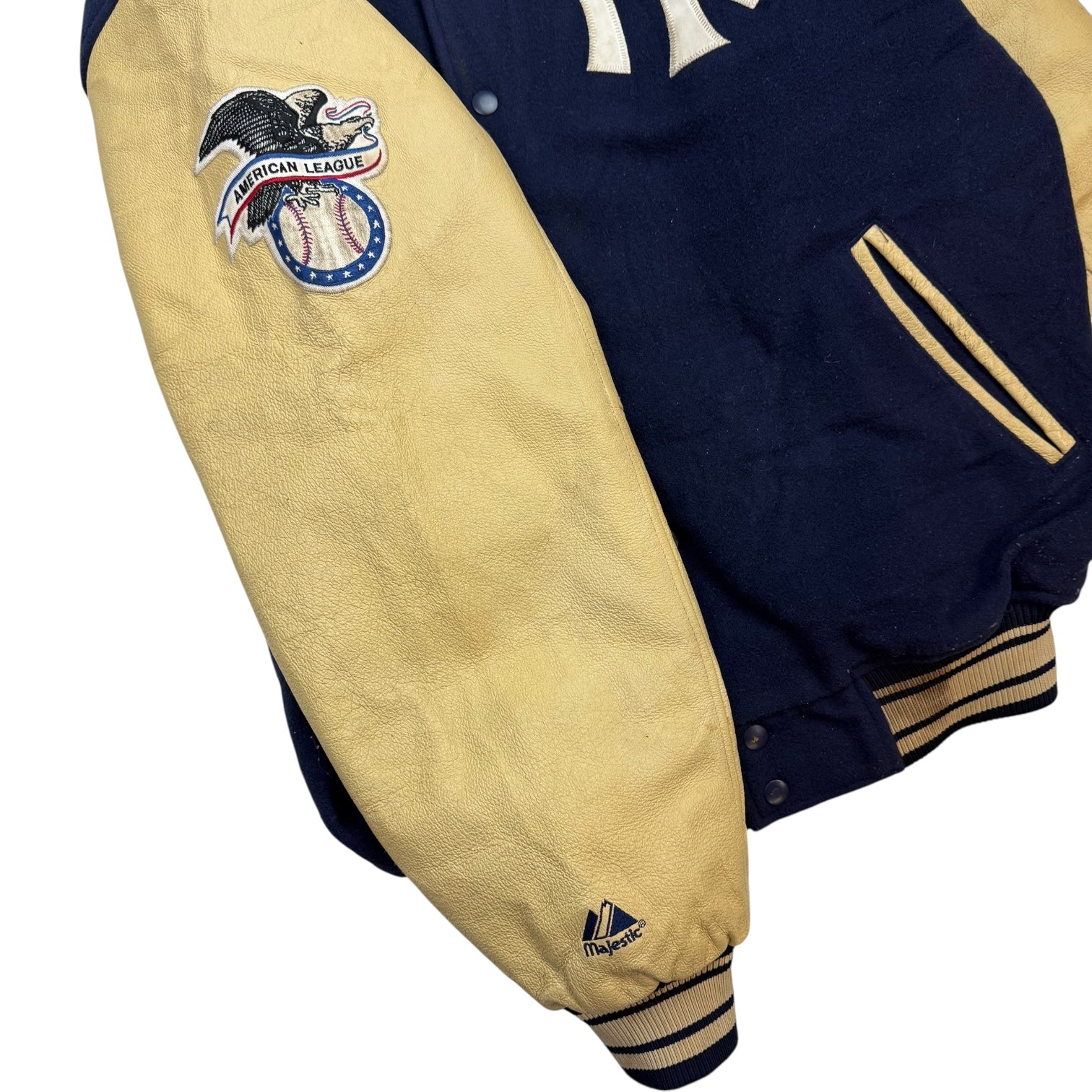 1990s Majestic New York Yankees Letterman Jacket Leather Navy Blue