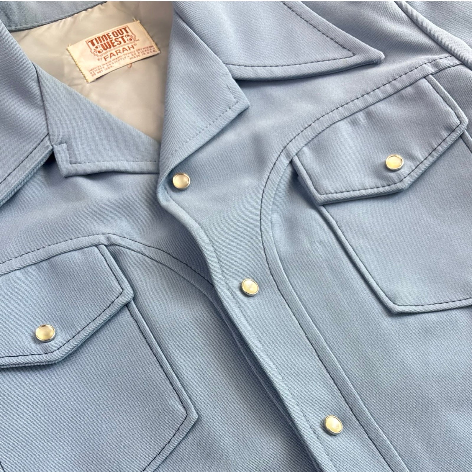1970s Time Out West By Farah Western Pearl-Snap Baby Blue