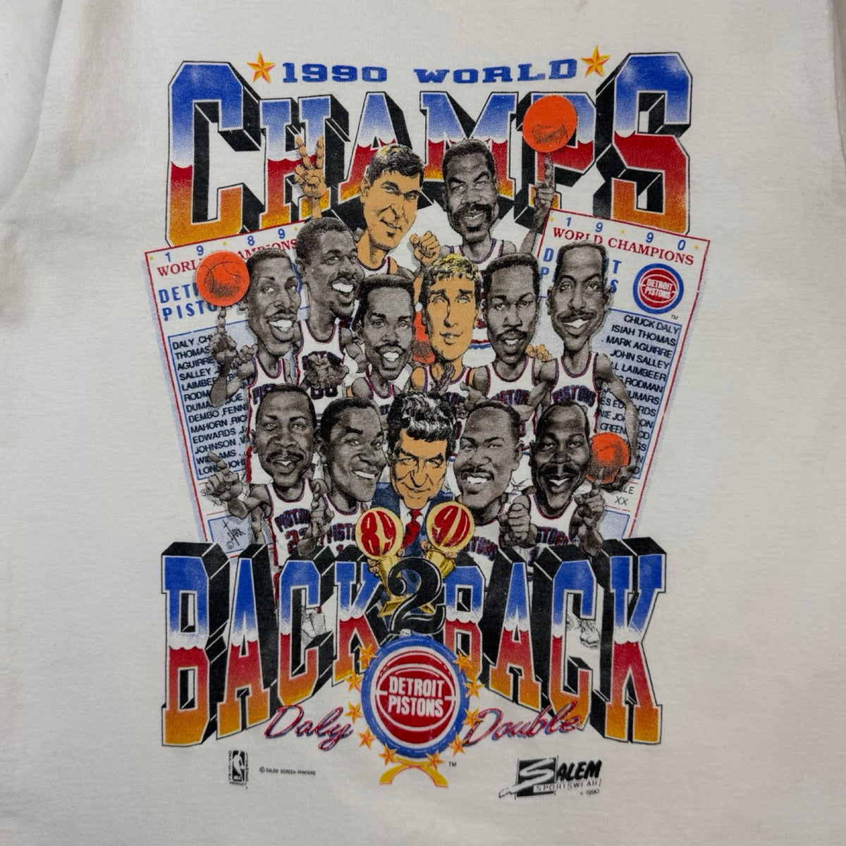 1990 Detroit Pistons World Champs Back 2 Back Cartoon NBA T-Shirt