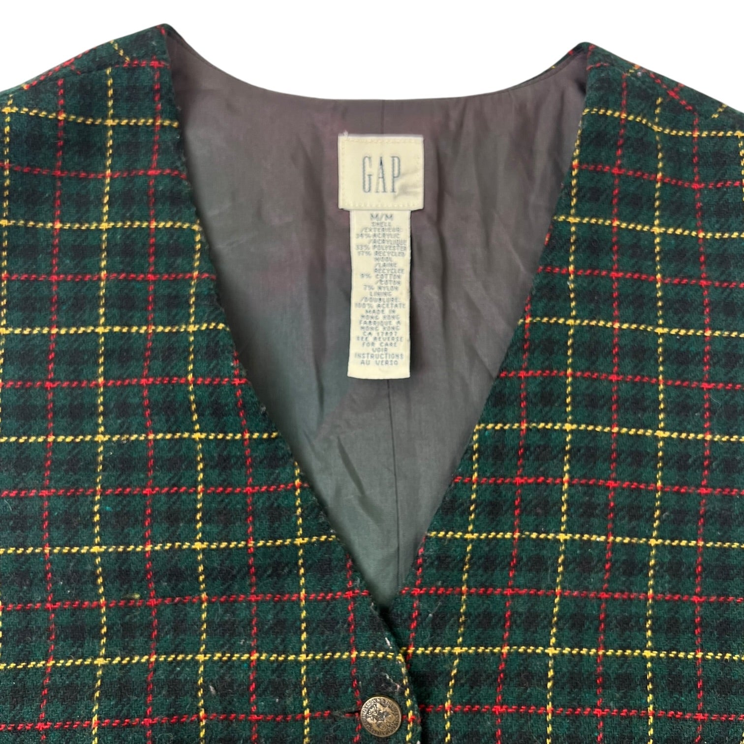 (W) Vintage Gap Plaid Button Up Vest Green Tartan Pattern
