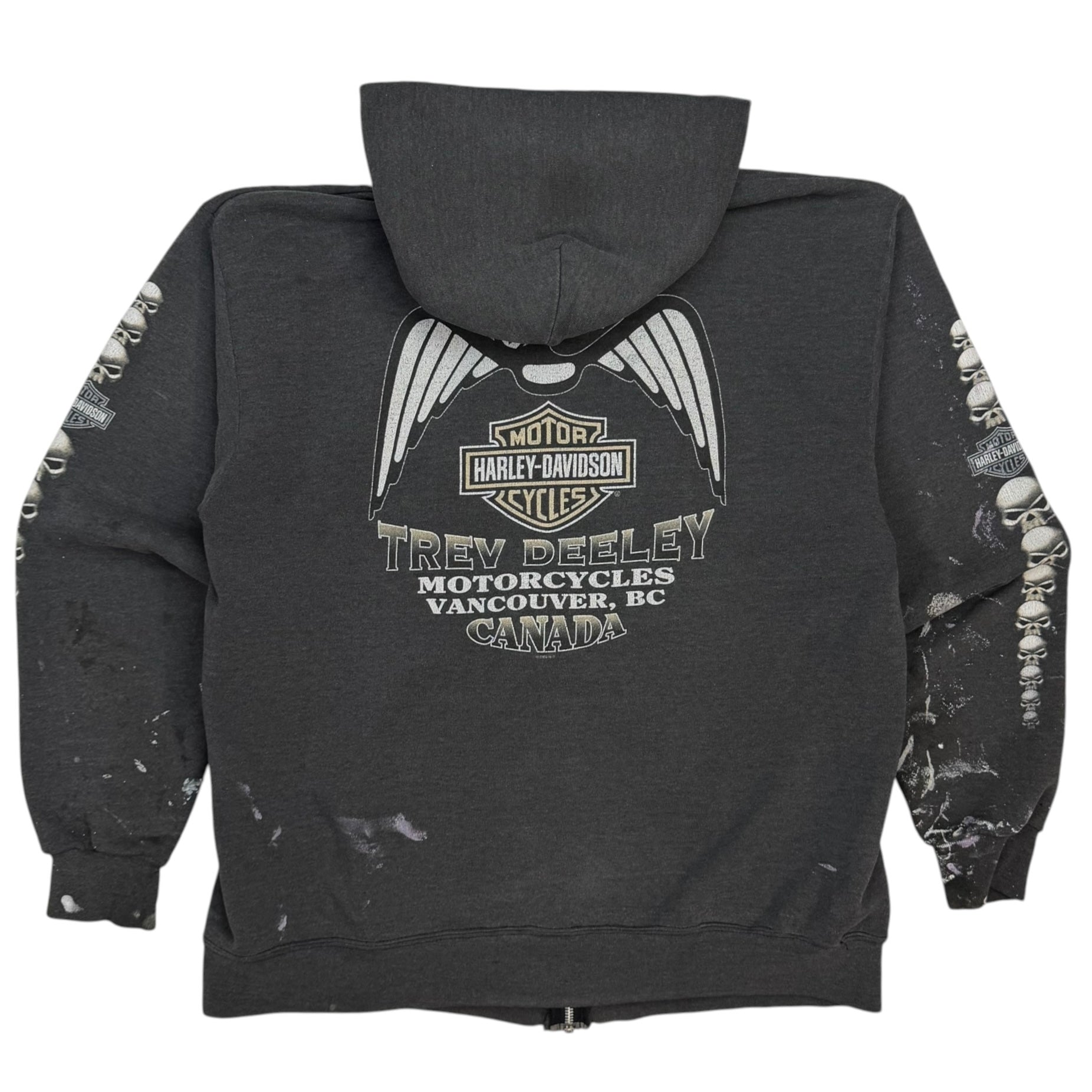2003 Harley Davidson Skull Vancouver BC Paint Splatter Zip Up Hoodie