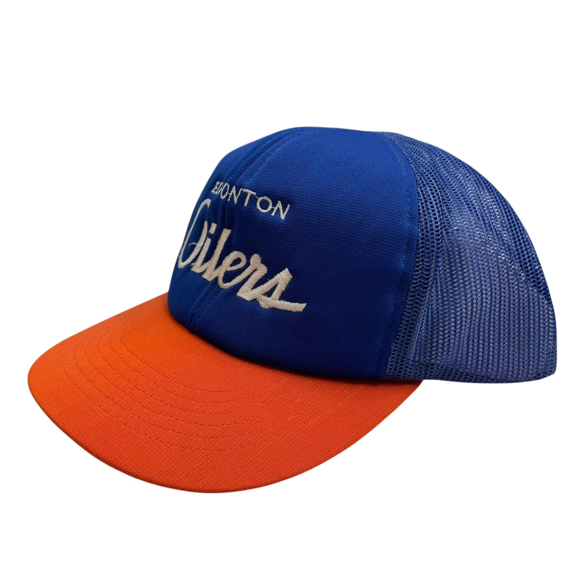 Vintage Edmonton Oilers Script Trucker Snapback Blue/Orange