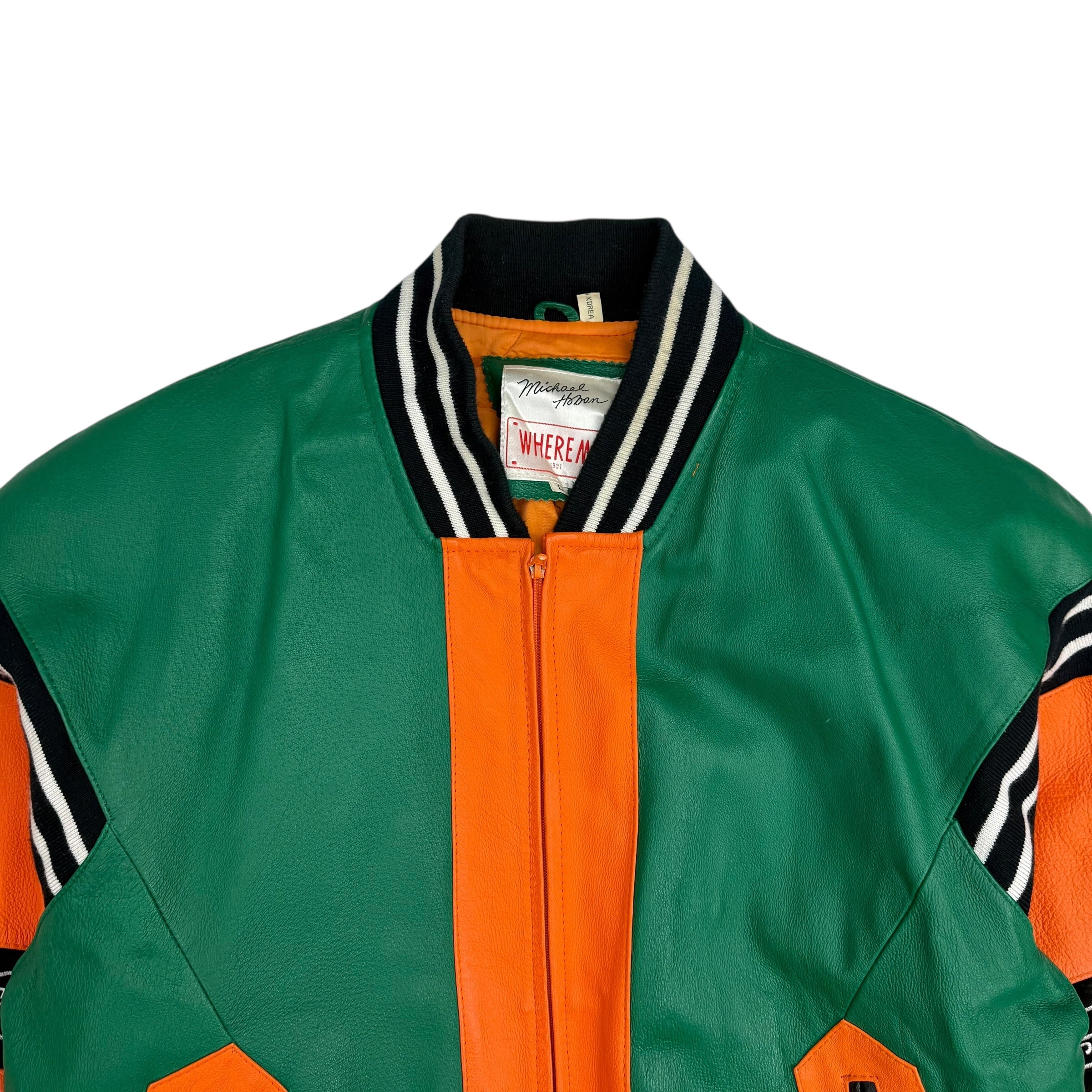 Vintage Michael Hoban Varsity Leather Football Jacket Orange/Green