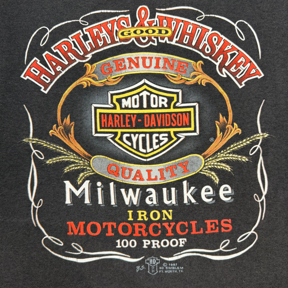 1987 Harley Davidson 3D Embem Harleys & Whiskey Dartmouth Tee Black