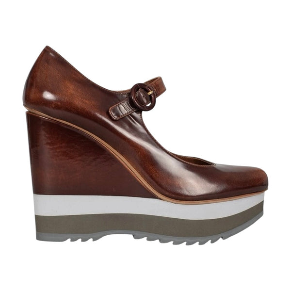 (W) Prada Leather Stepped Sole Wedge Heel Pump Brown (Used)