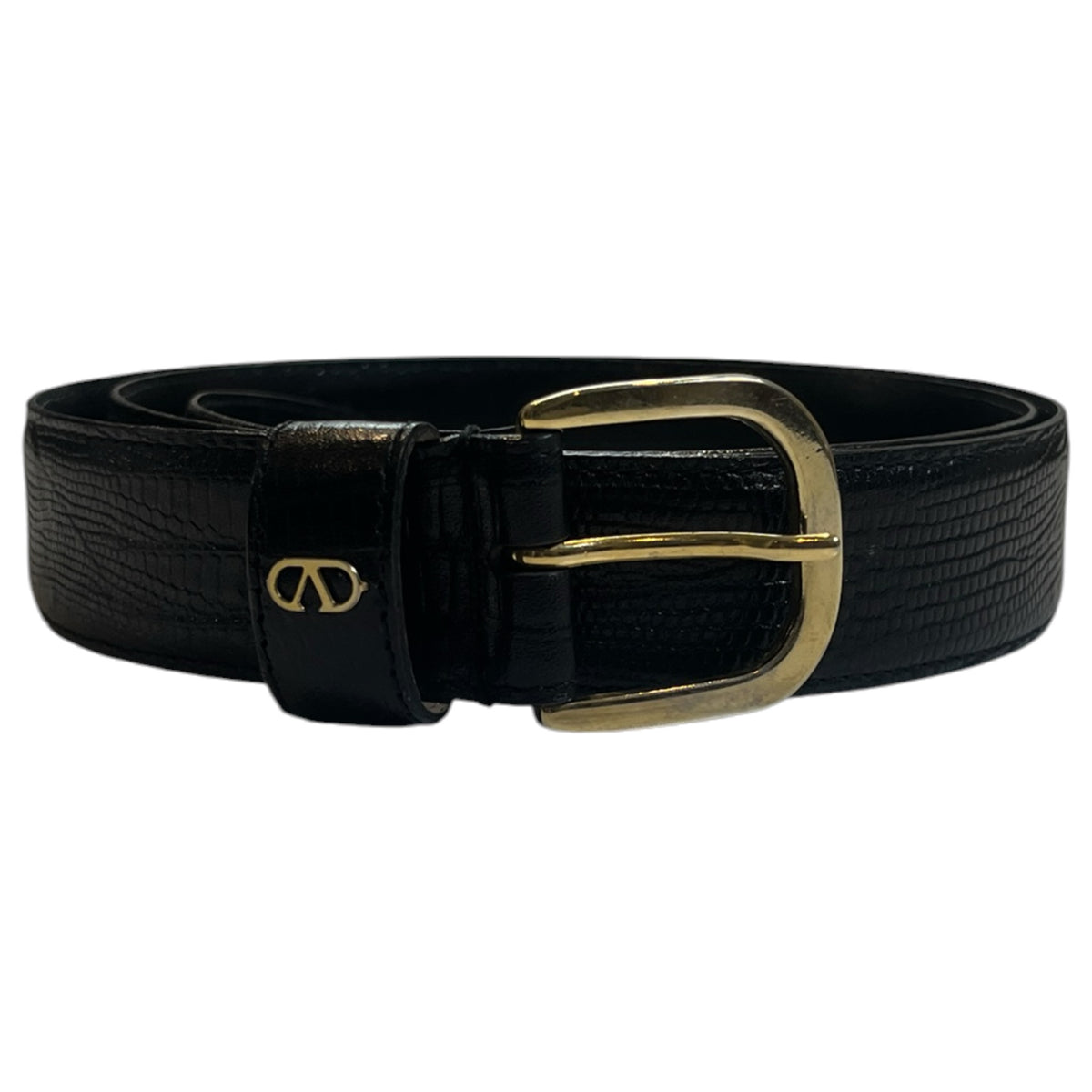 Valentino Garavani Black Lizard-Embossed Leather VLogo Accent Belt