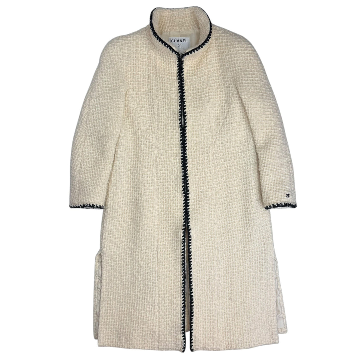 (W) Fall 2000 Chanel Wool Blanket Stitched Zip Up Coat Cream