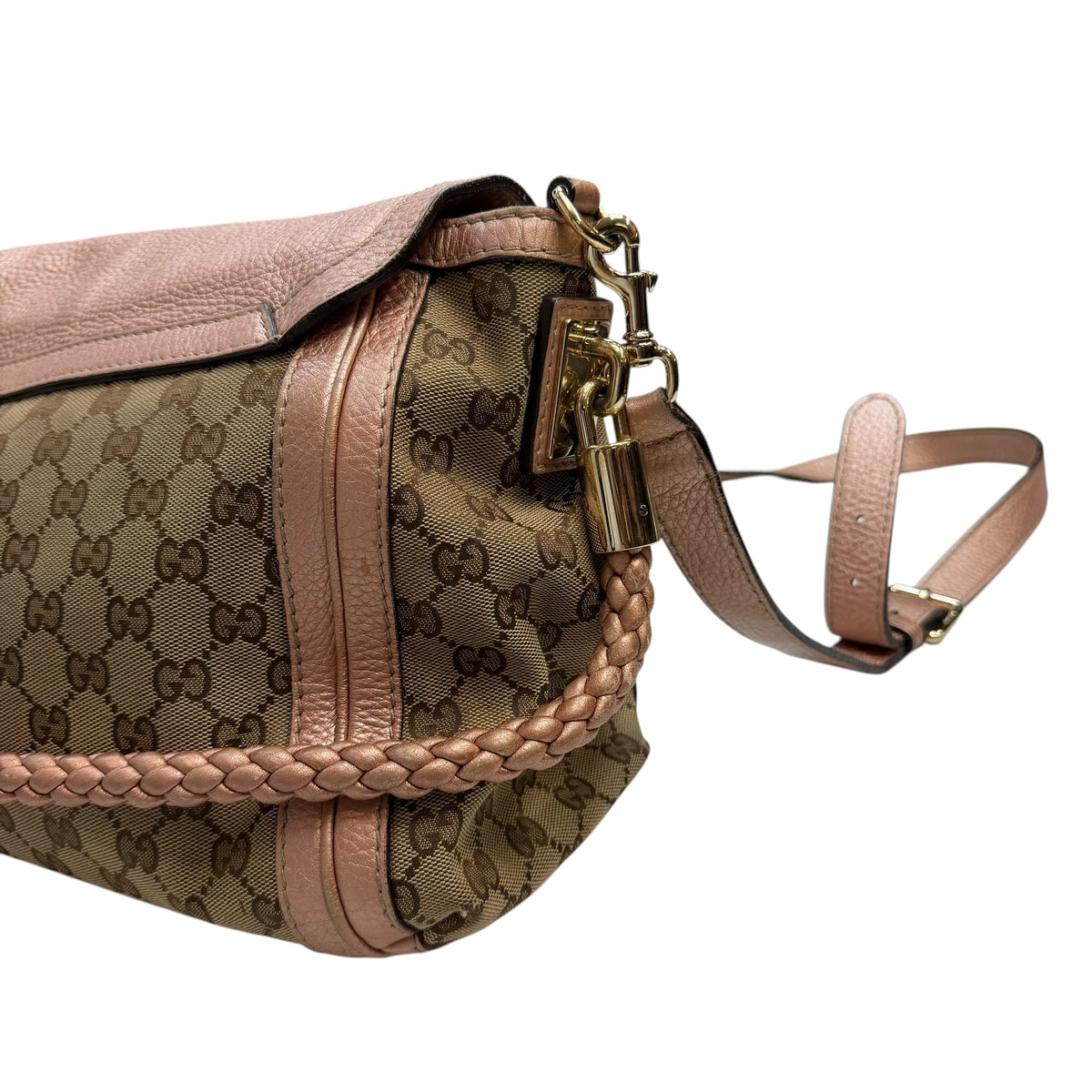 (W) Gucci GG Canvas Bella Flap Satchel Bag Beige/Pink