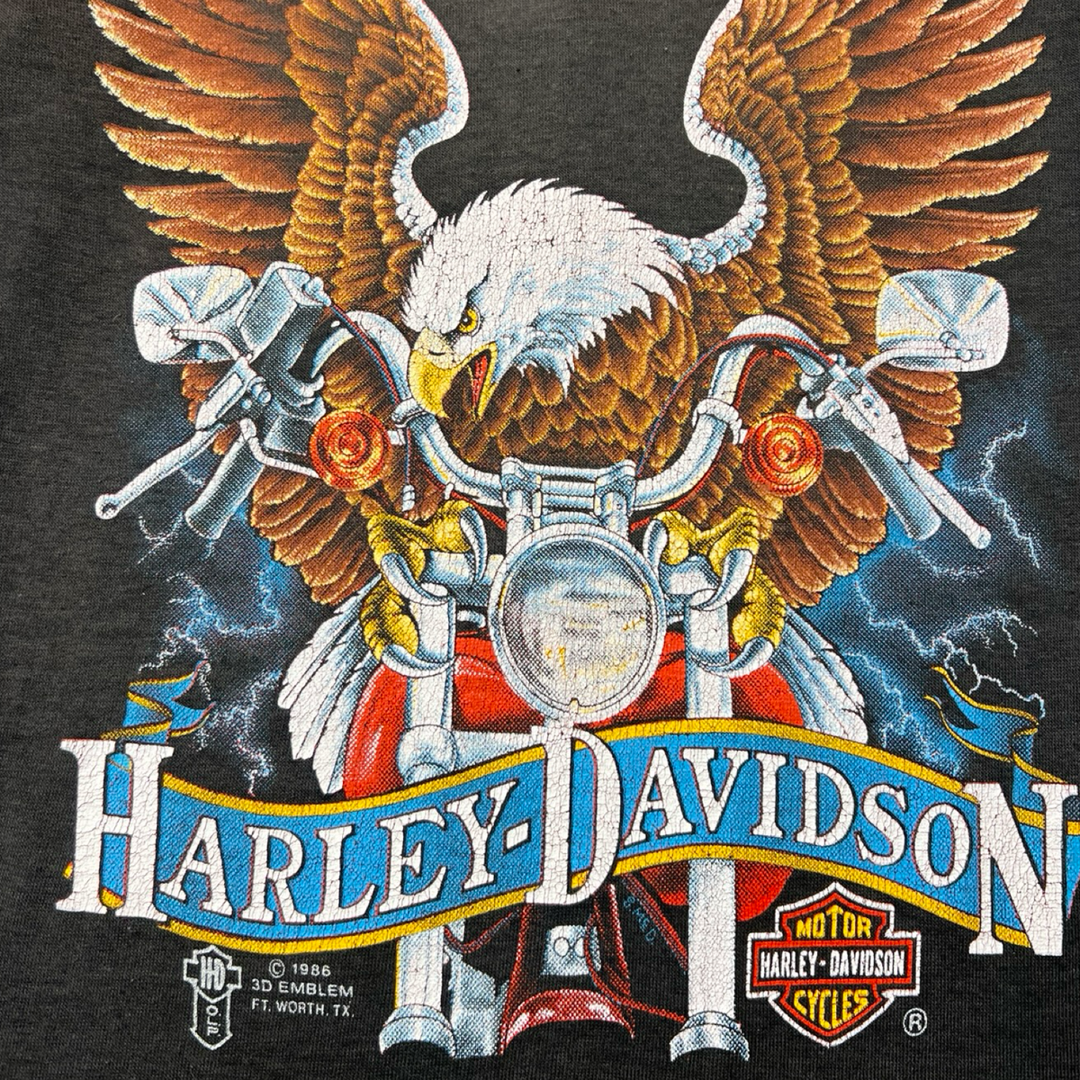 1986 Harley Davidson 3D Emblem Eagle Riding Motorcycle Tee Black