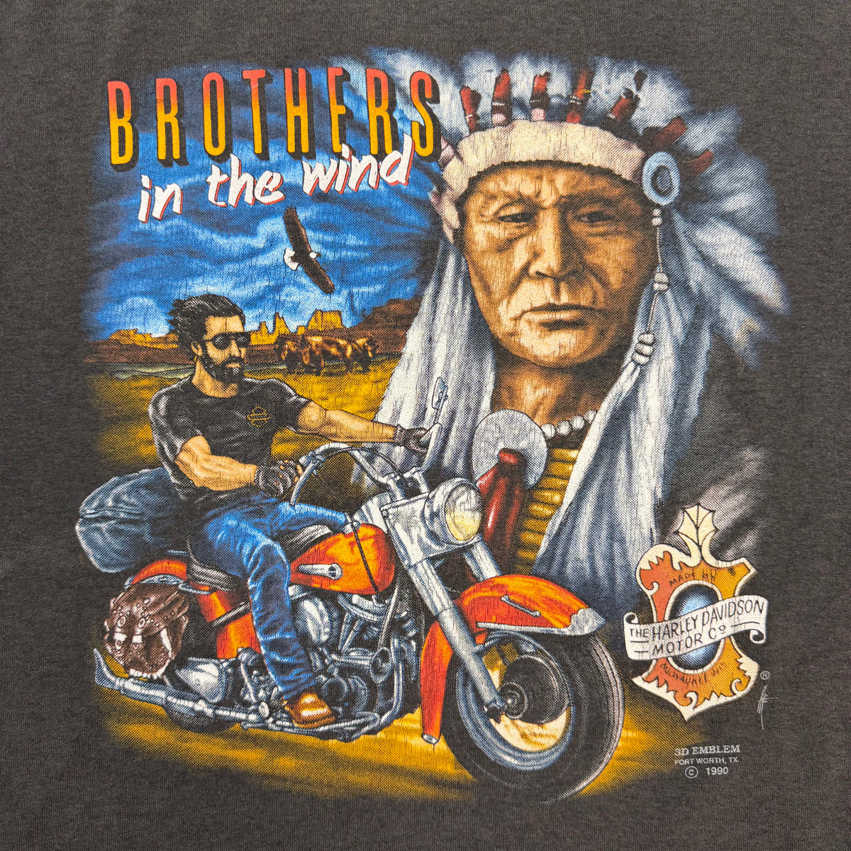1990 Harley Davidson Brothers In The Wind 3D Emblem Tee Faded Black