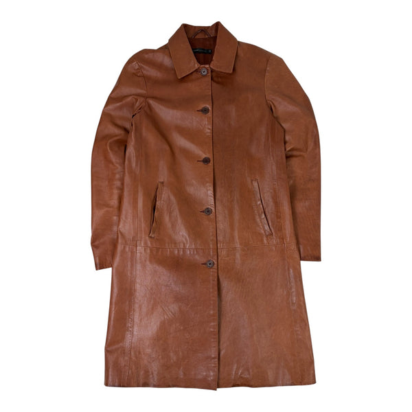 (W) Button-Up Leather Trench Coat Brown