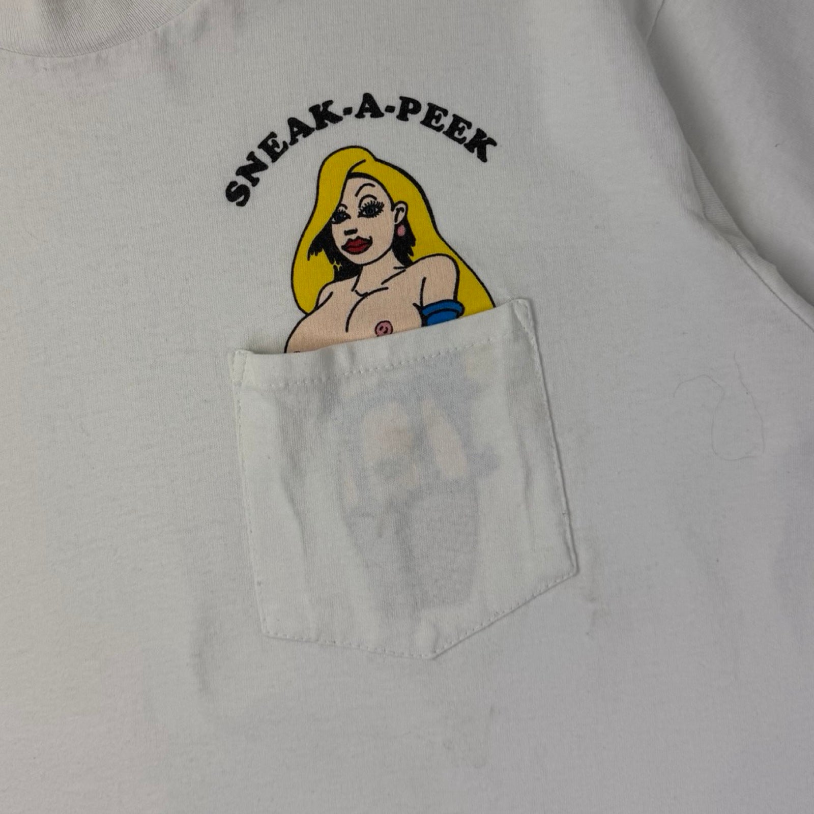 Vintage French Maid ‘Sneak a Peak’ Pocket T-Shirt White