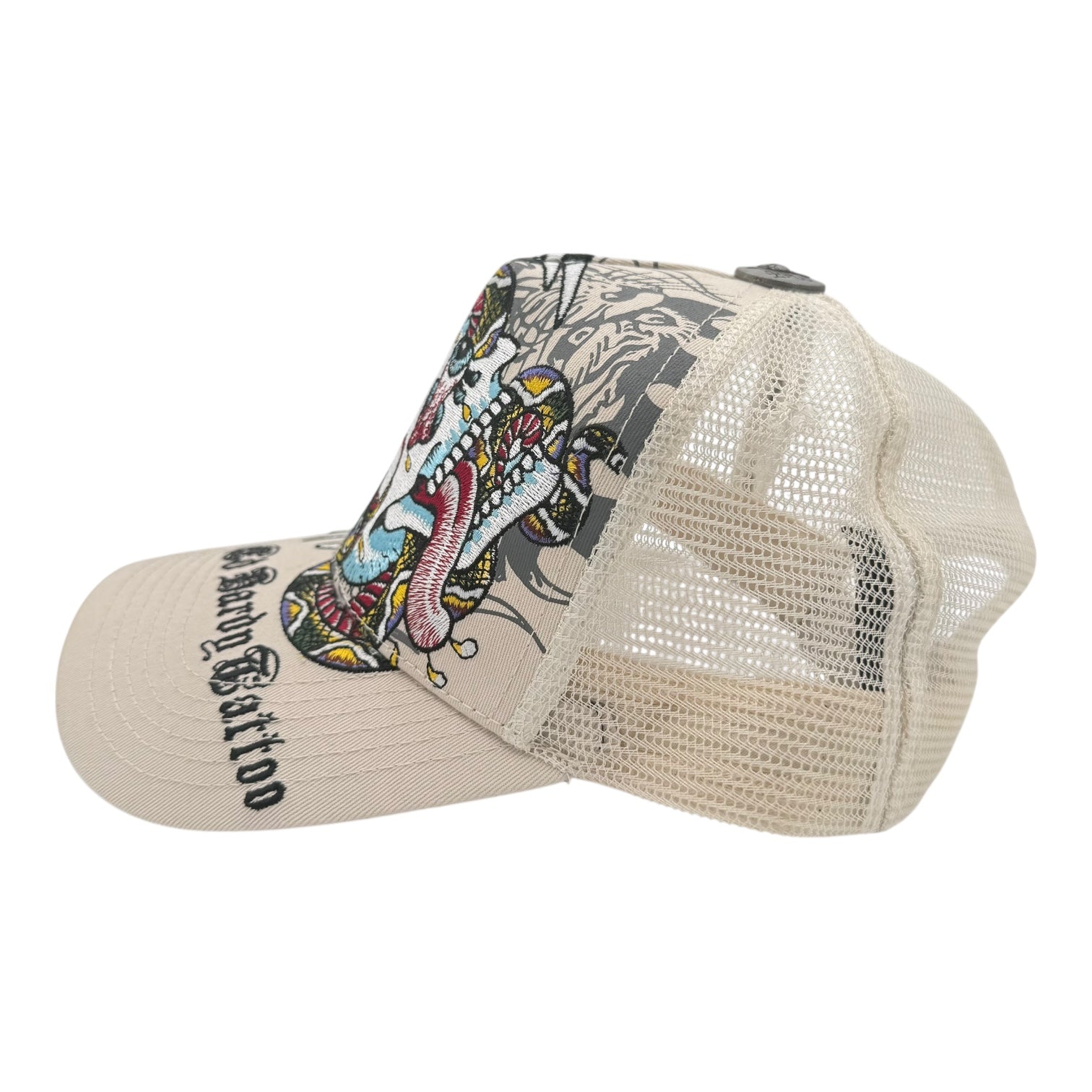 Vintage Y2K Ed Hardy Tattoo Embroidered Skull Trucker Hat Khaki