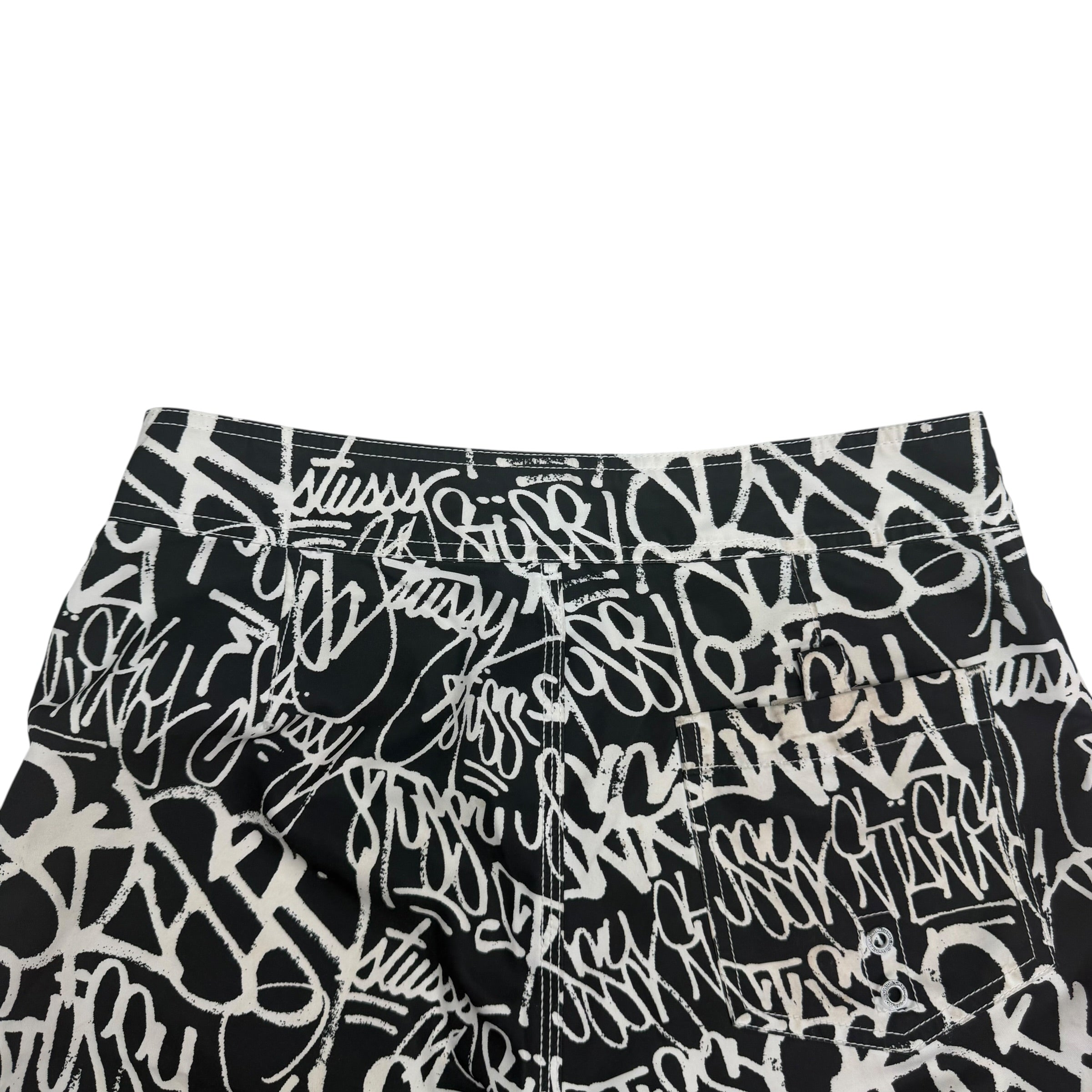 Vintage Stussy Graffiti Swim Shorts Black/White