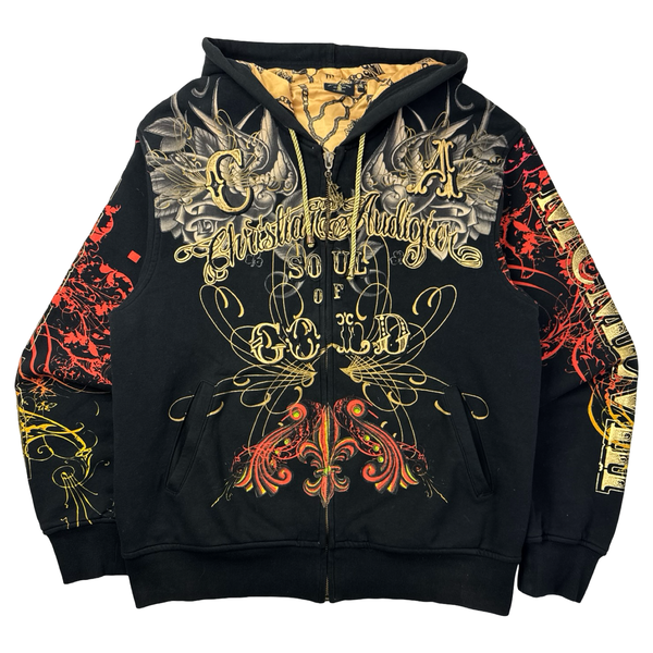 Vintage Y2K Christian Audigier Zip Up Mall Goth Hoodie Black/Gold