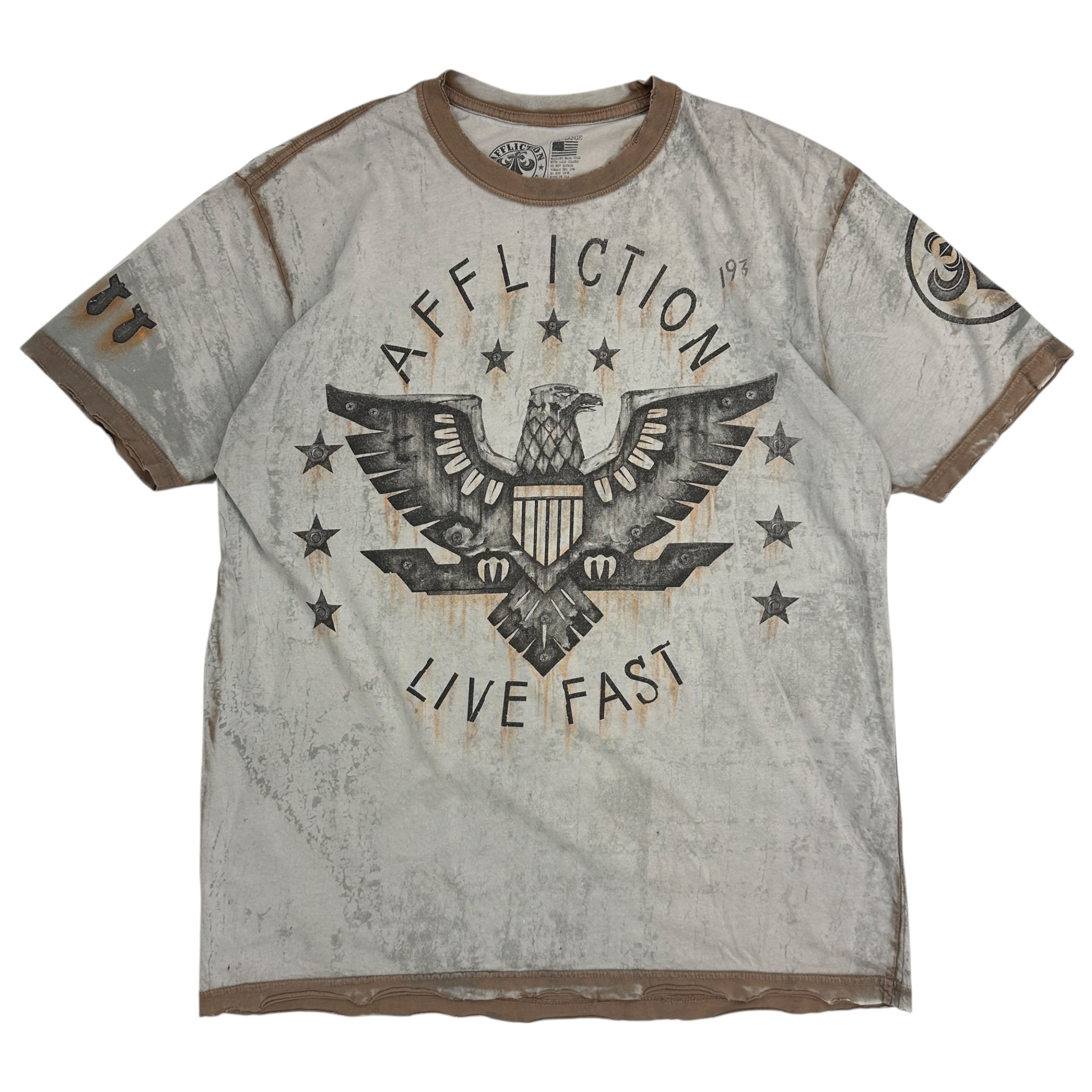 Vintage Y2K Affliction Flag Tee Taupe/Brown