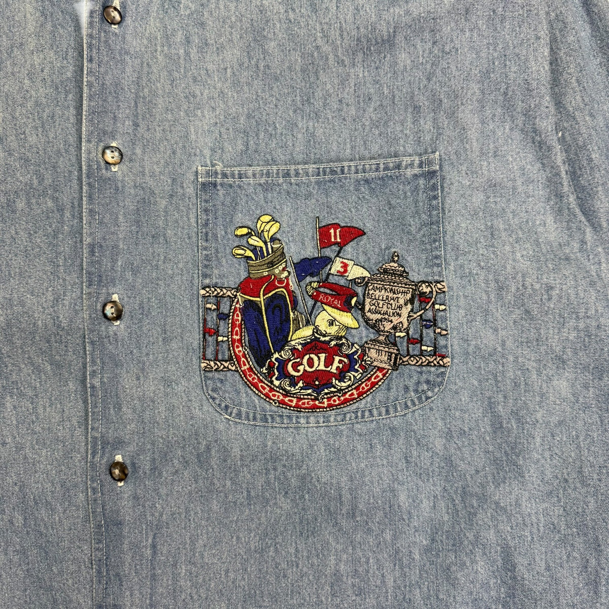 Vintage Golf Embroidered Crest Denim Button Up Shirt Light Wash