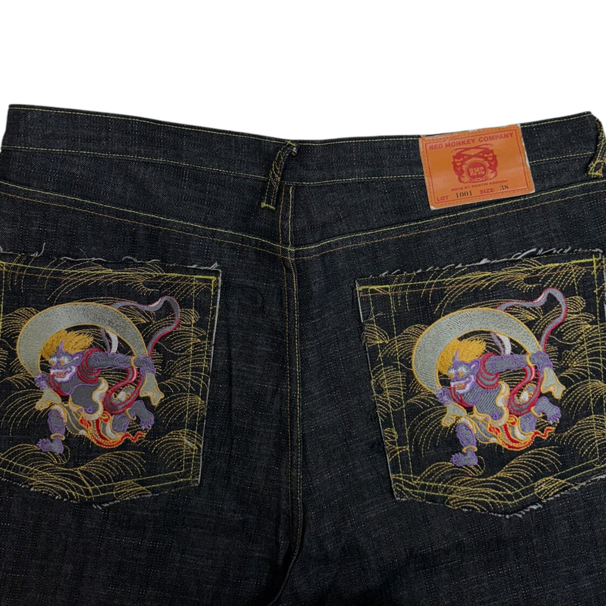 Red Monkey Company Embroided Dragon Baggy Denim Shorts Dark Wash/Black