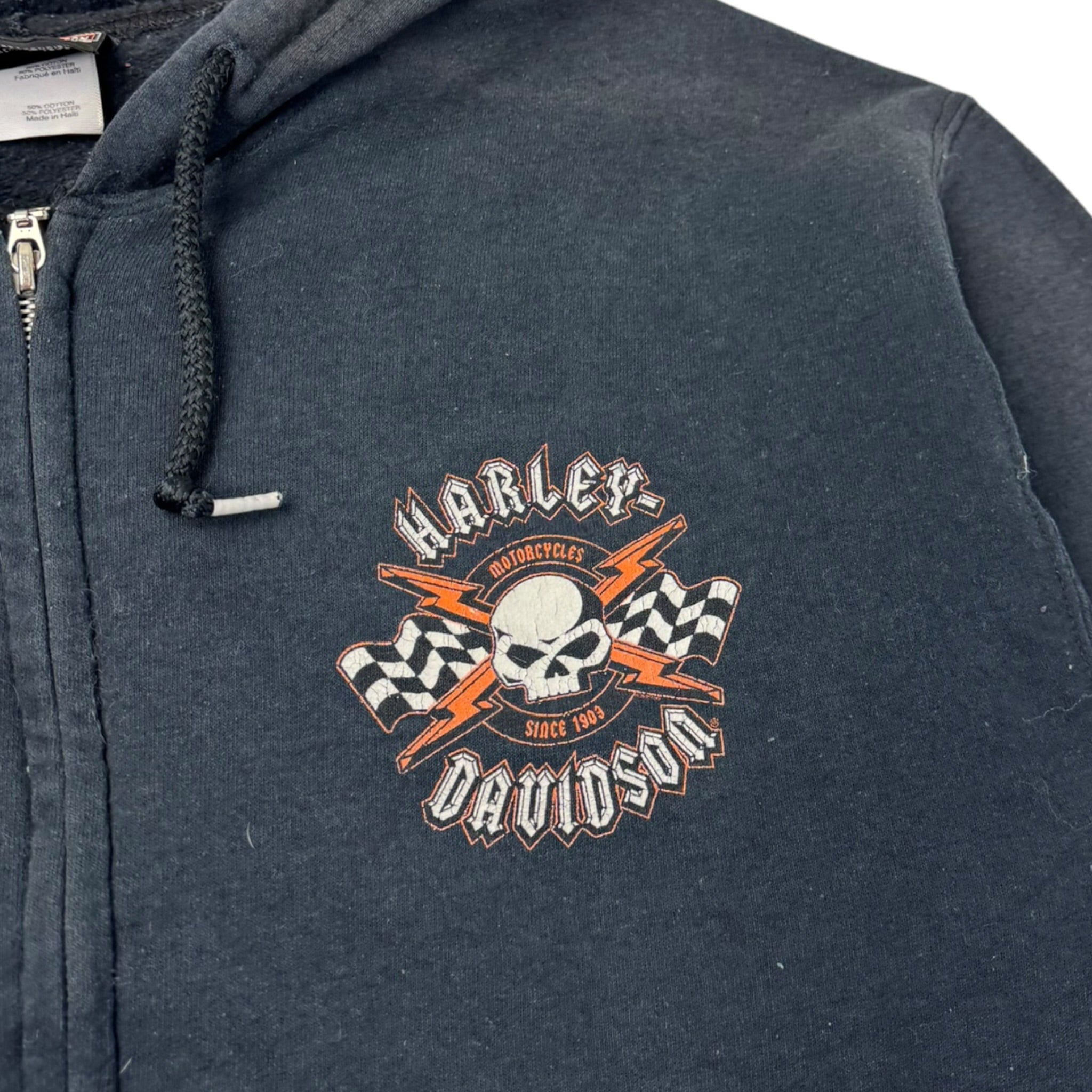 2007 Harley Davidson Skull Zip Up Hoodie Faded Black