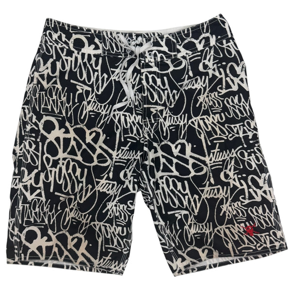 Vintage Stussy Graffiti Swim Shorts Black/White