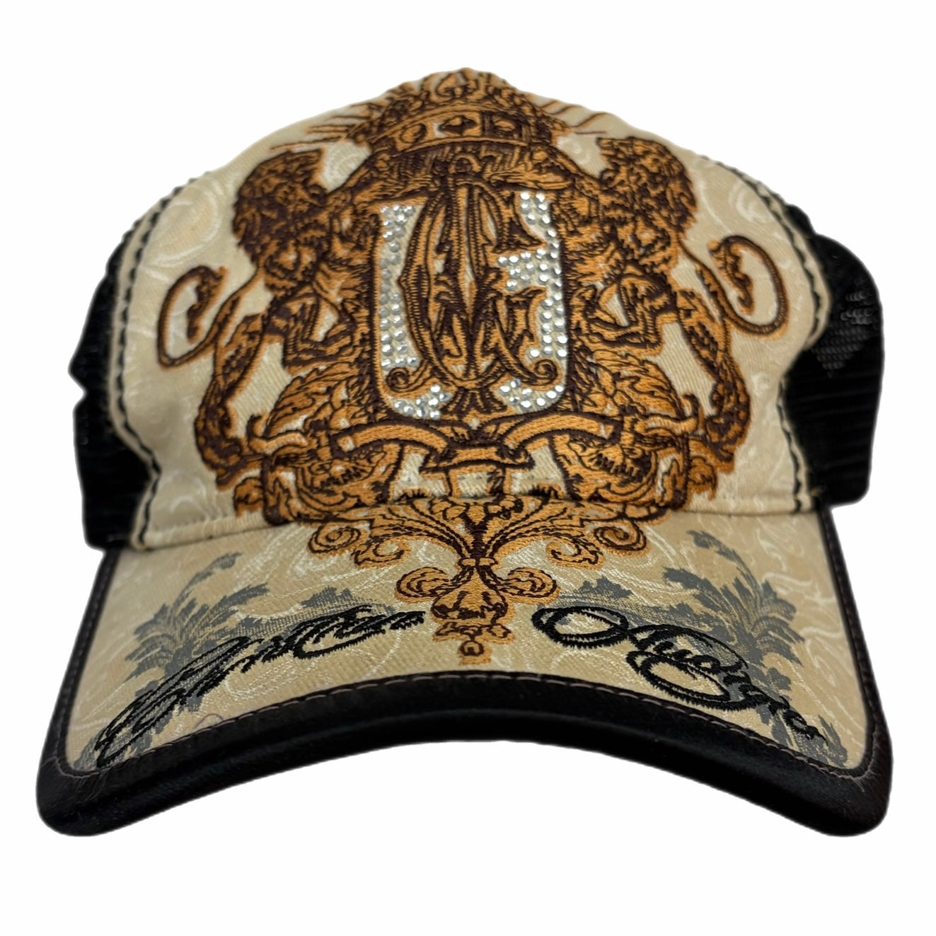 Vintage Christian Audigier Rhinestone Trucker Hat Cream/Black