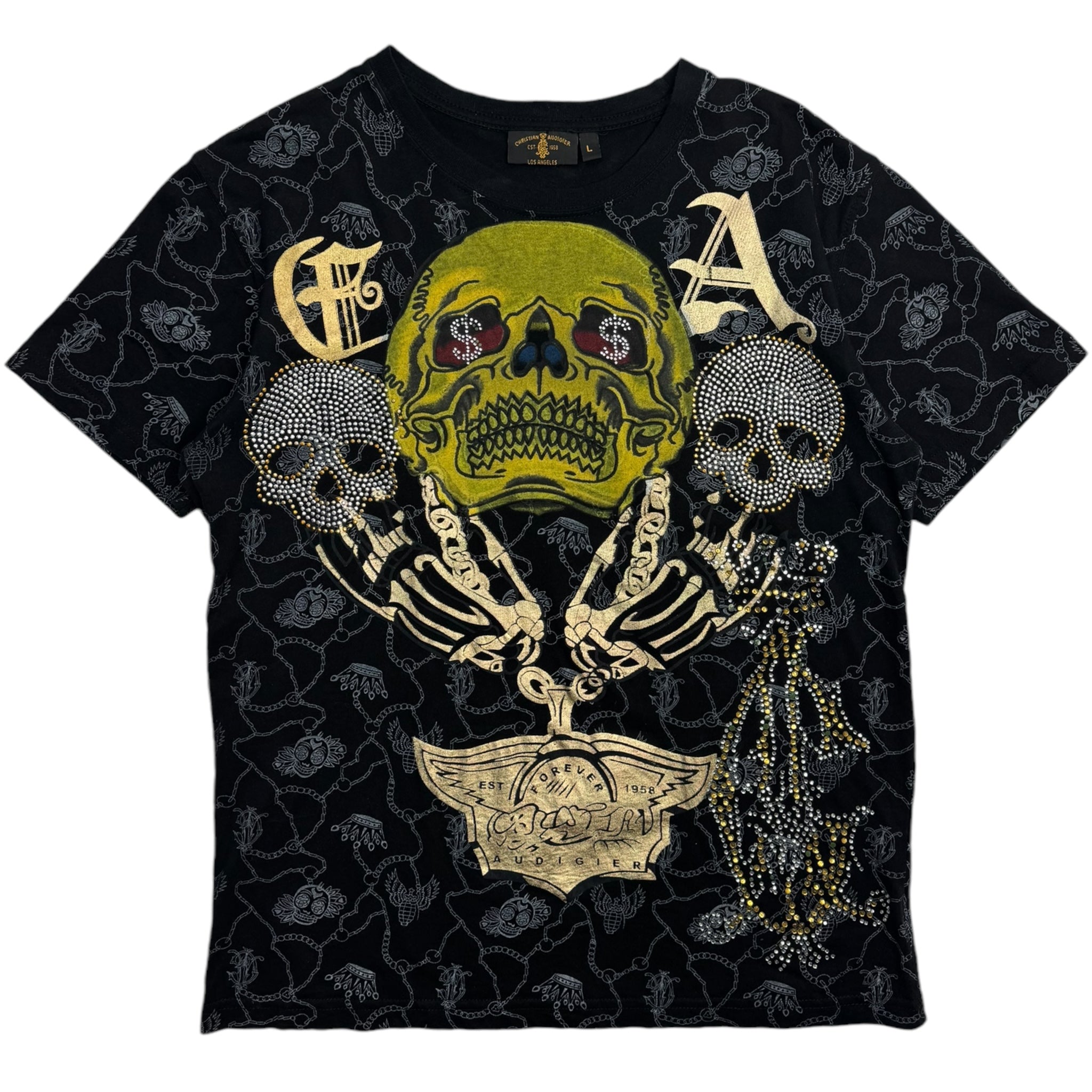 Y2K Christian Audigier Bedazzled Triple Skull T-Shirt