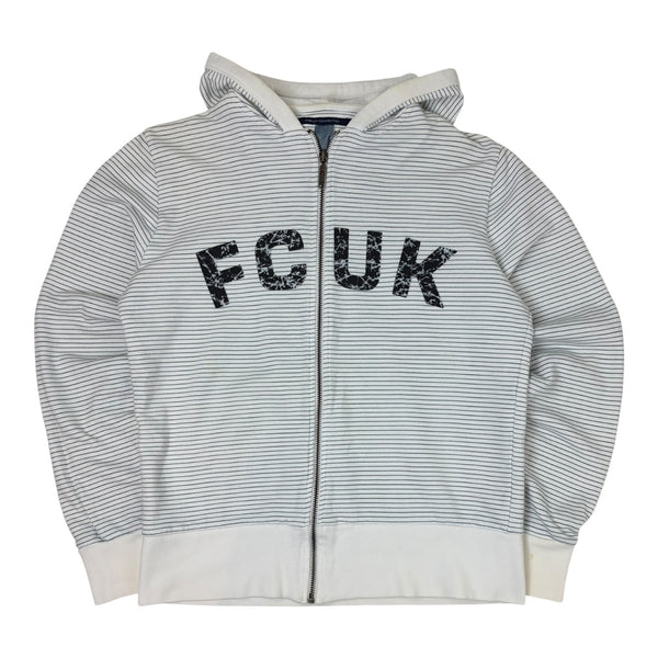 (W) Vintage French Connection FCUK Striped Zip Up Sweatshirt White/Navy
