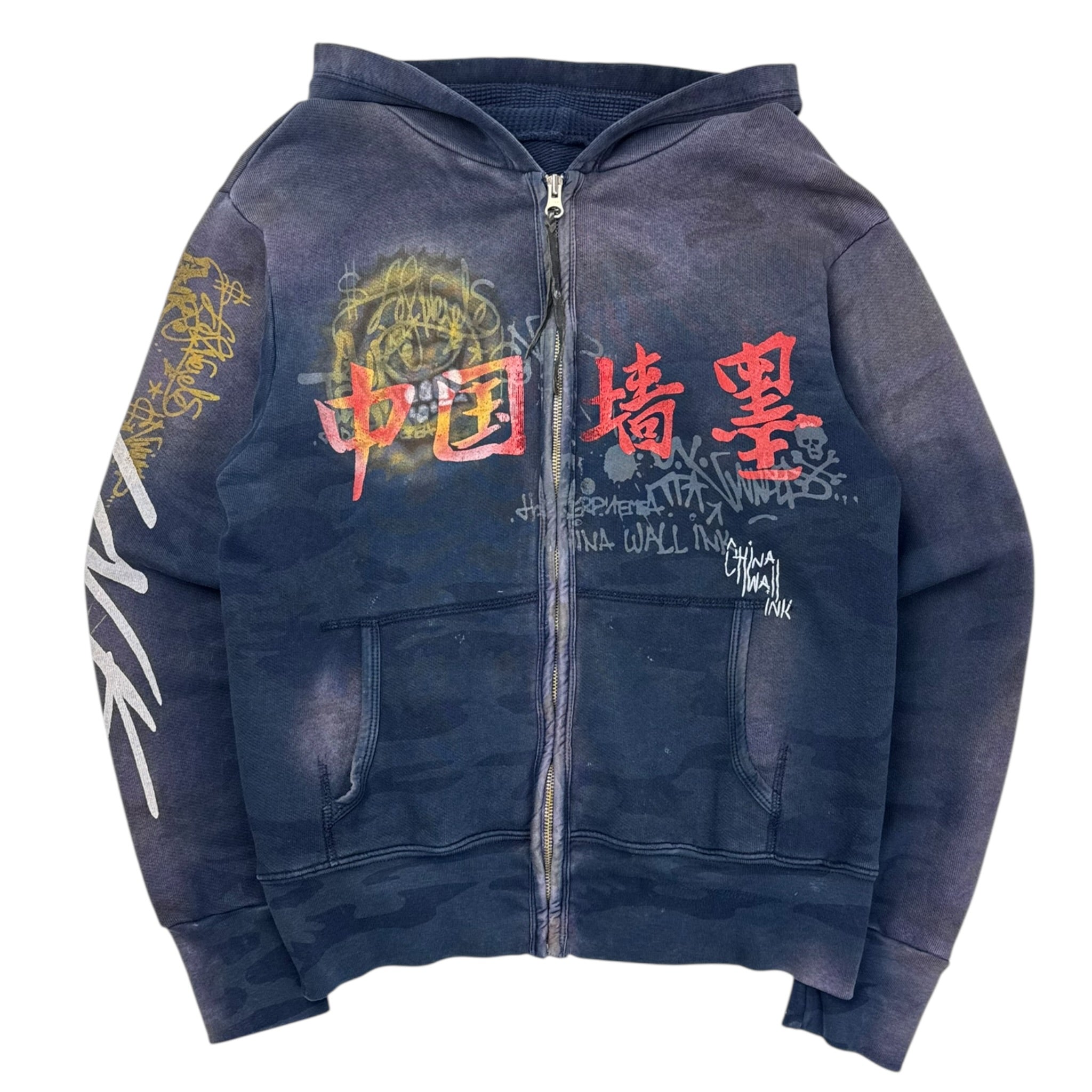 Y2K The Great China Wall Zip Up Hoodie Blue Camo