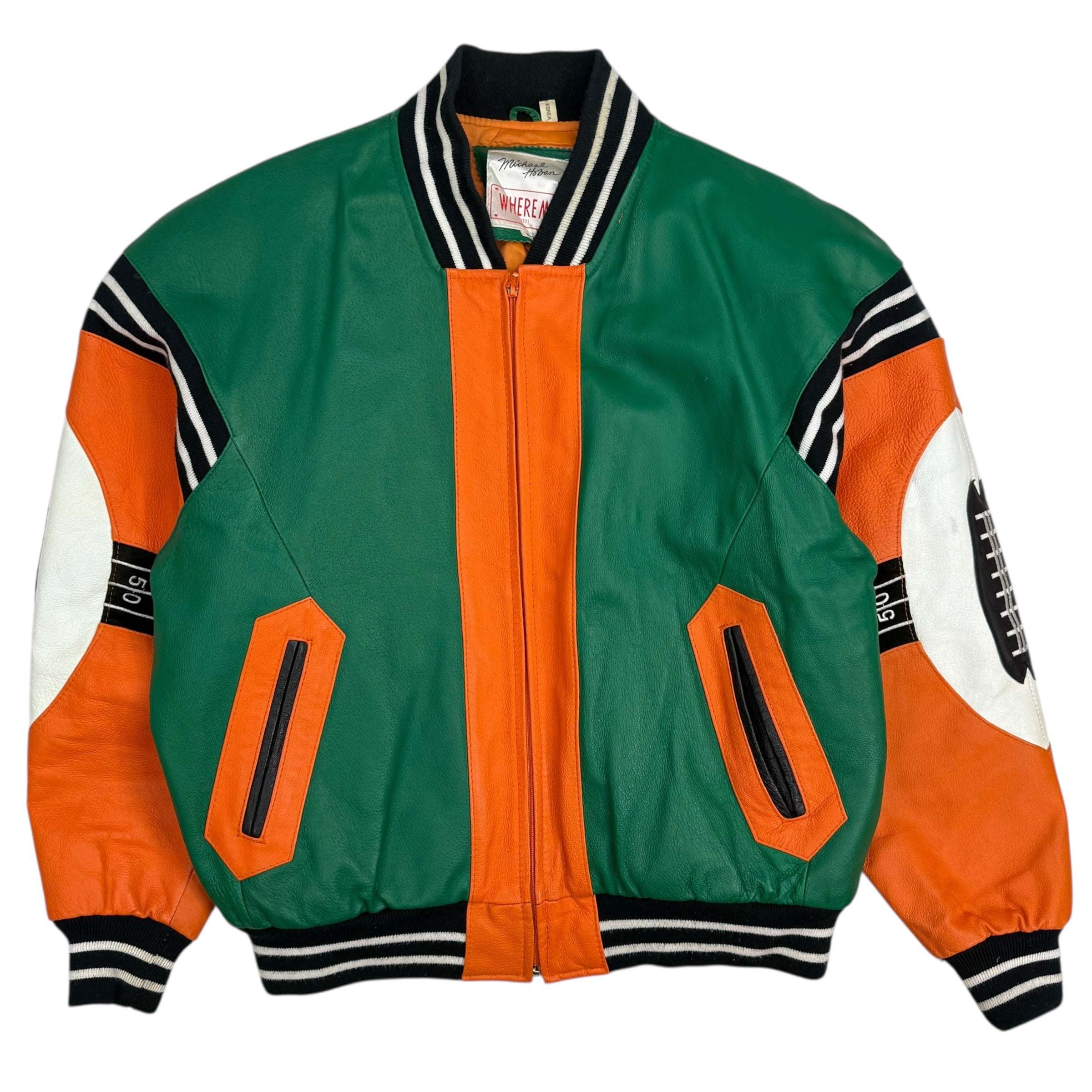 Vintage Michael Hoban Varsity Leather Football Jacket Orange/Green