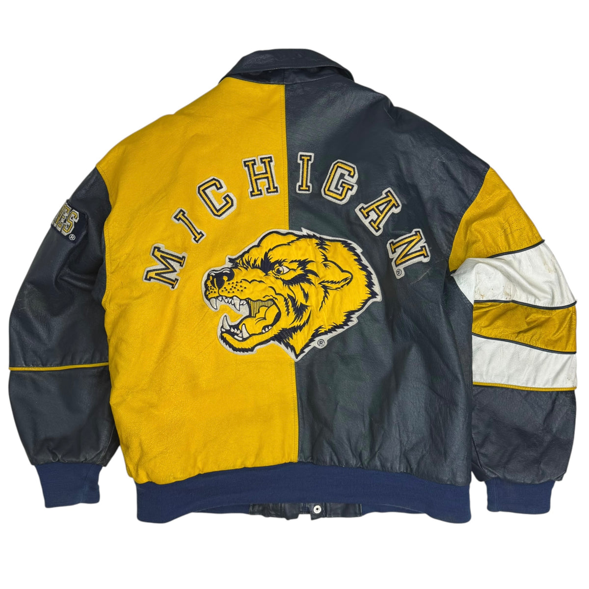 Vintage Michigan Wolverines Leather Split Colorblock Jacket Navy/Yellow