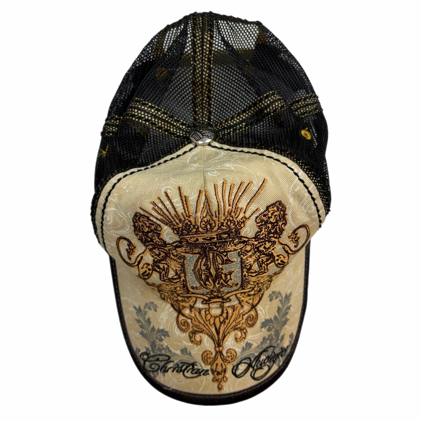 Vintage Christian Audigier Rhinestone Trucker Hat Cream/Black