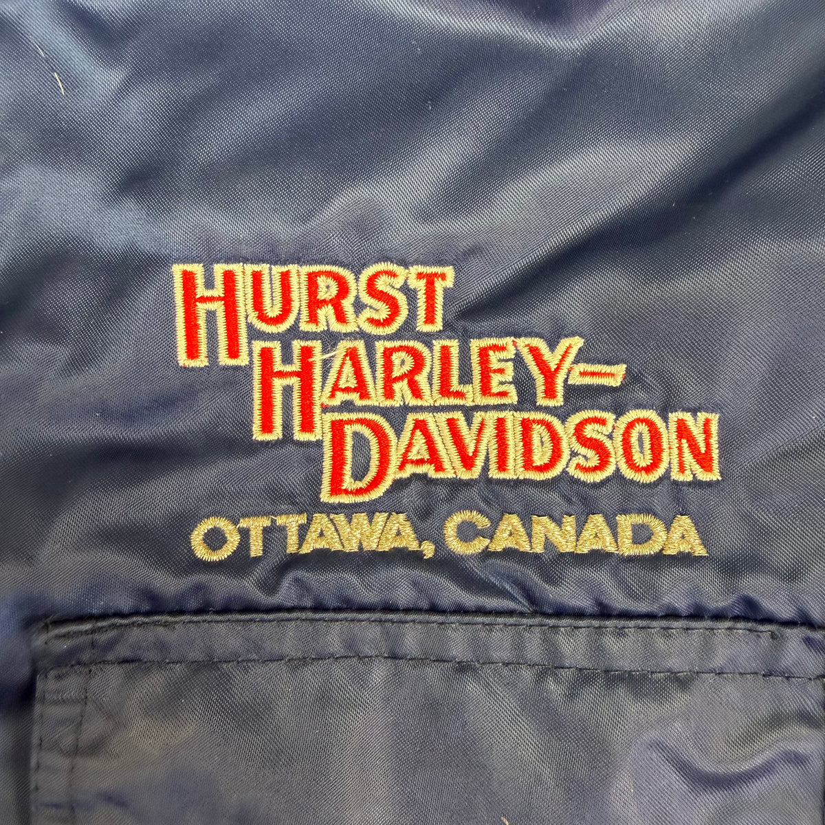 Vintage 80s Harley Davidson Born In The USA Eagle Embroidered Satin Jacket Navy