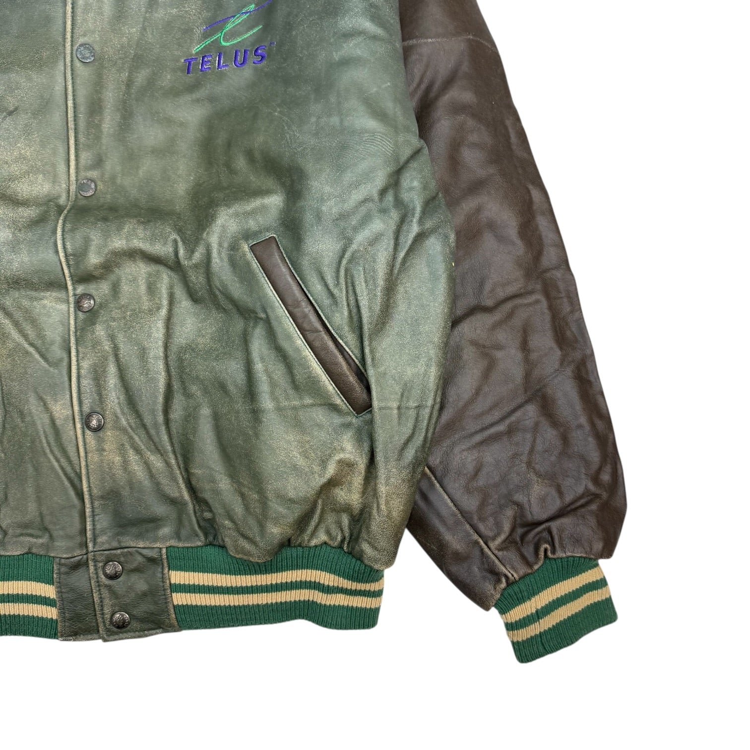 Vintage Roots Canada Telus Leather Bomber Jacket Green/Brown