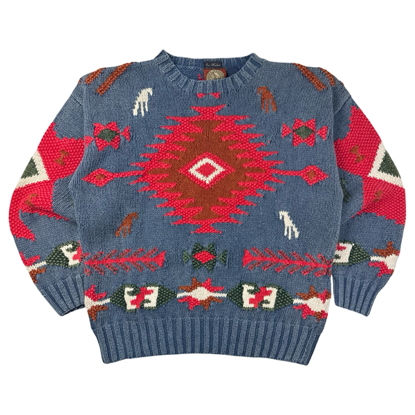 Vintage Western Aztec Pattern Heavy Knit Sweater Blue