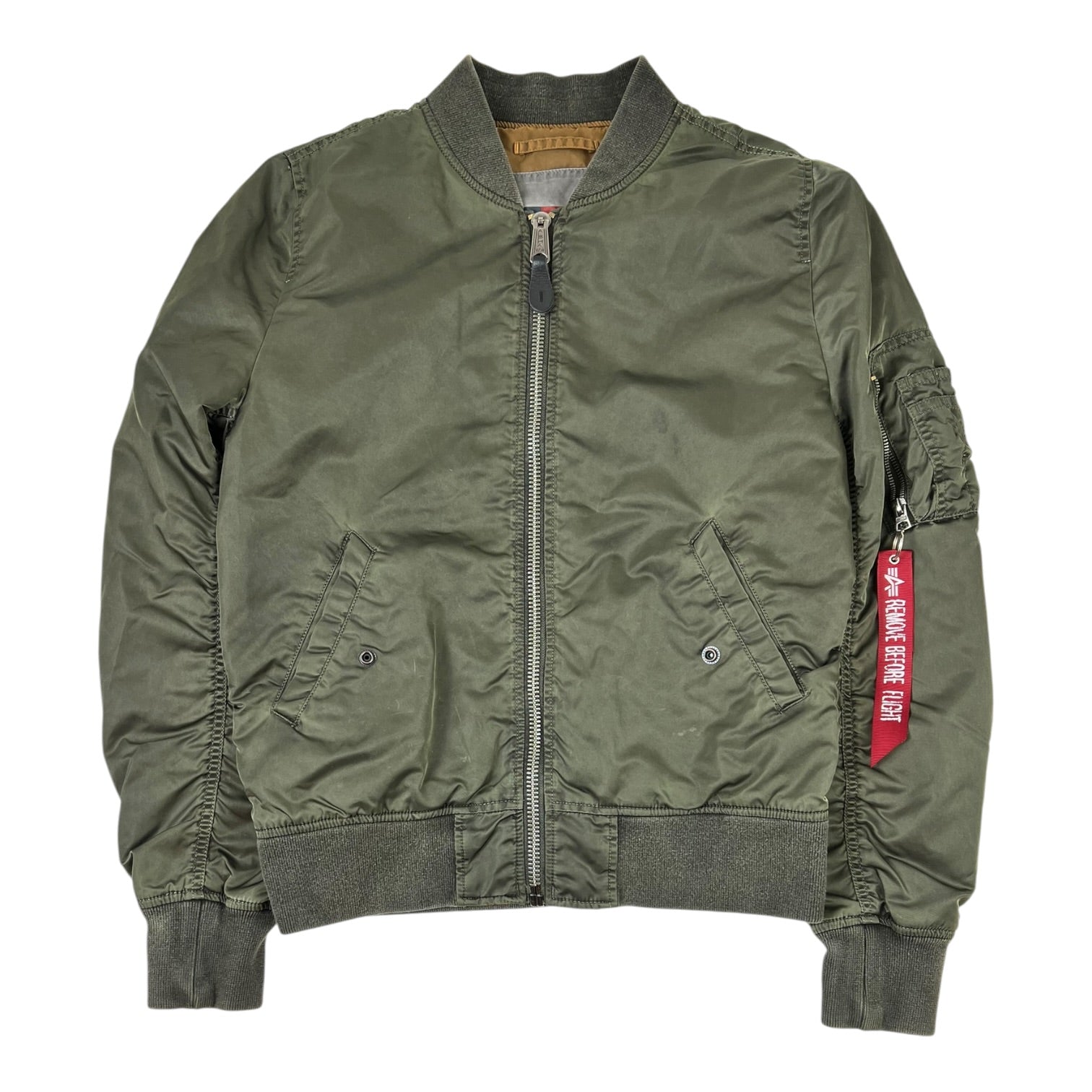 Alpha Industries MA-1 Flight Remove Before Flight Pull Tab Jacket Army Green