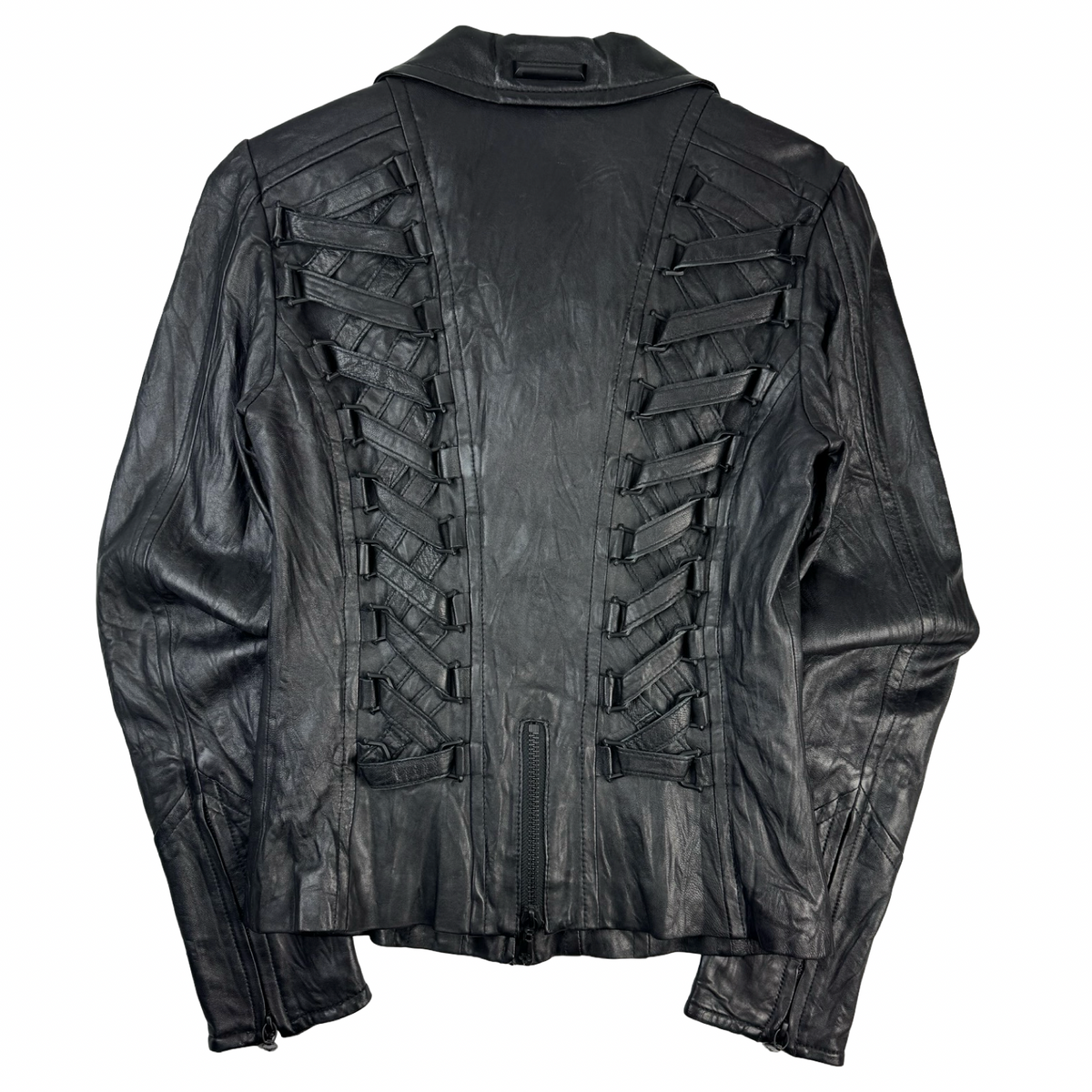 (W) Vintage 2009 Affliction Serialized Gothic Black Leather Jacket