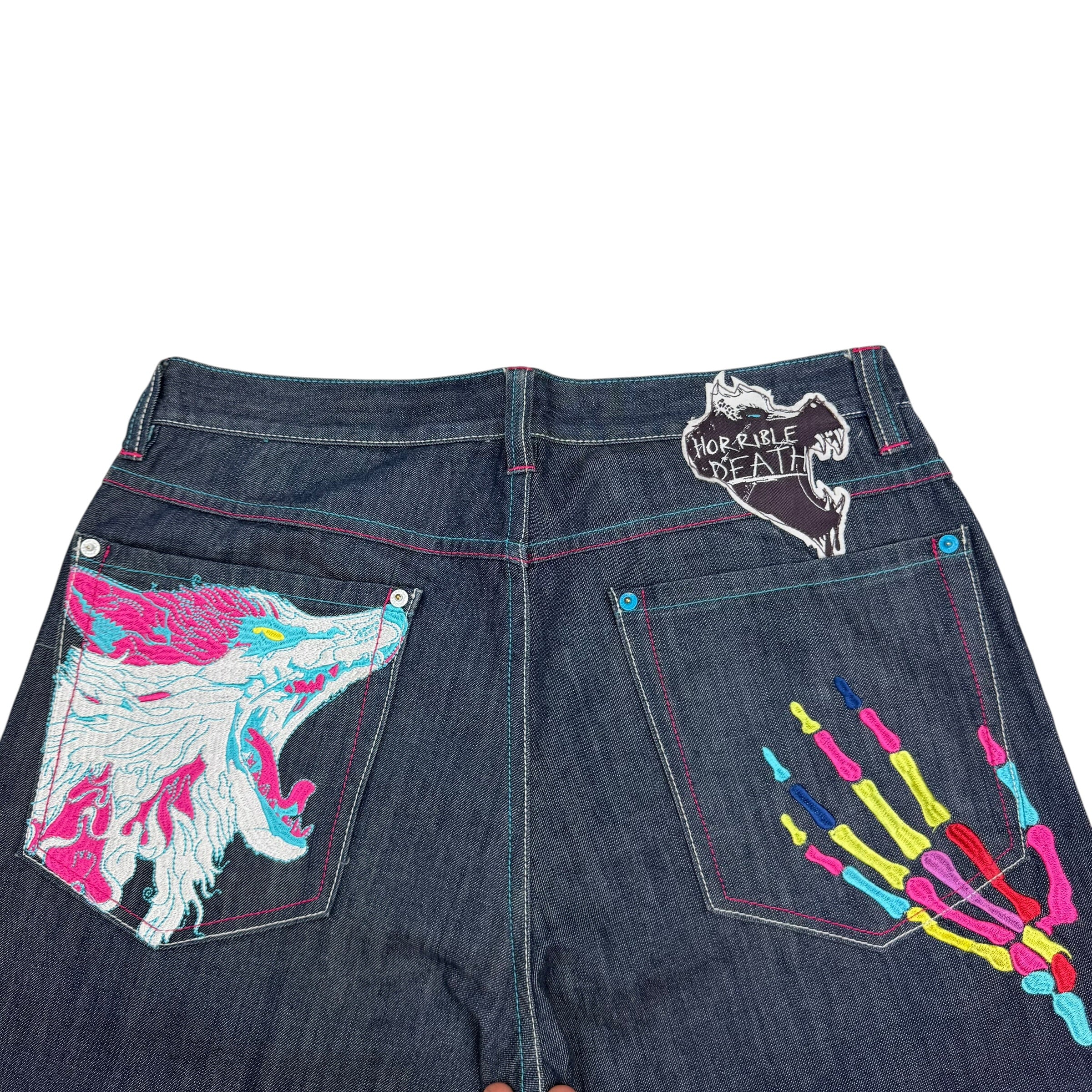 Vintage Artful Dodger “Horrible Death” Embroidered Raw Denim Jeans Indigo