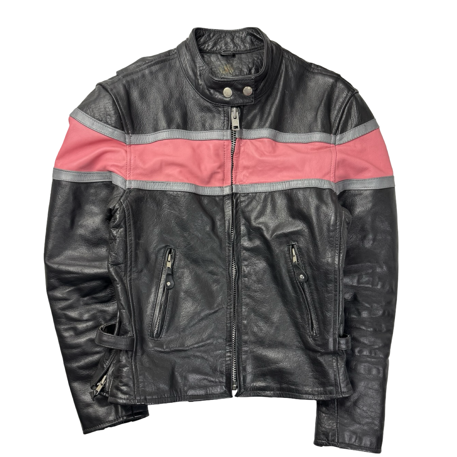 (W) Vintage Striped Pink Black Leather Biker Jacket