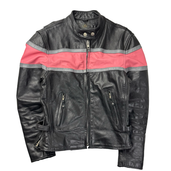 (W) Vintage Striped Pink Black Leather Biker Jacket