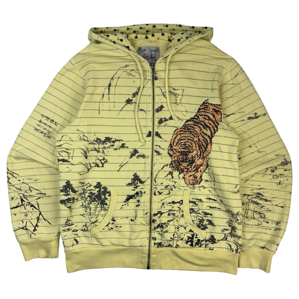 Vintage Y2K Bedazzled Tiger Striped Zip Up Hoodie Soft Yellow