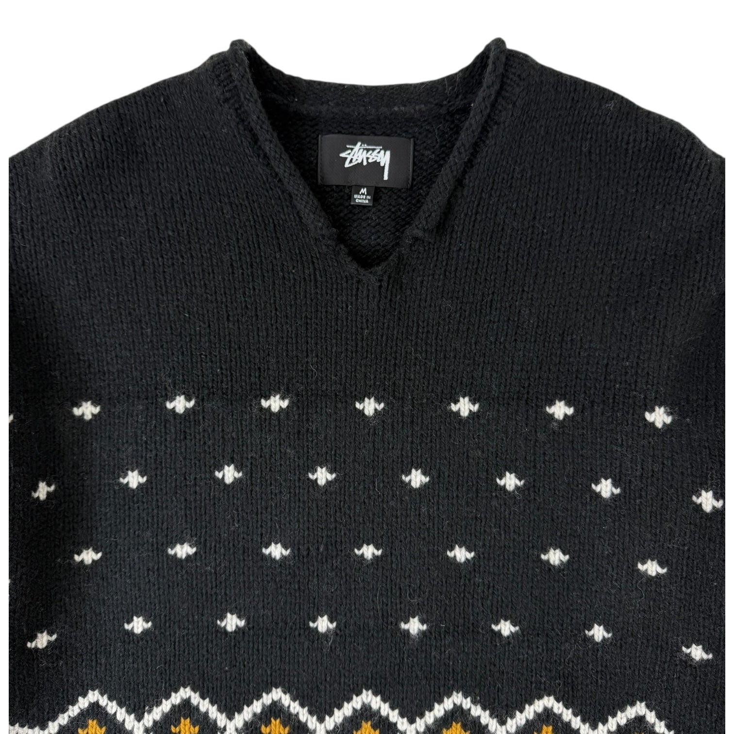 Stussy Roll V-Neck Fairisle Sweater Black