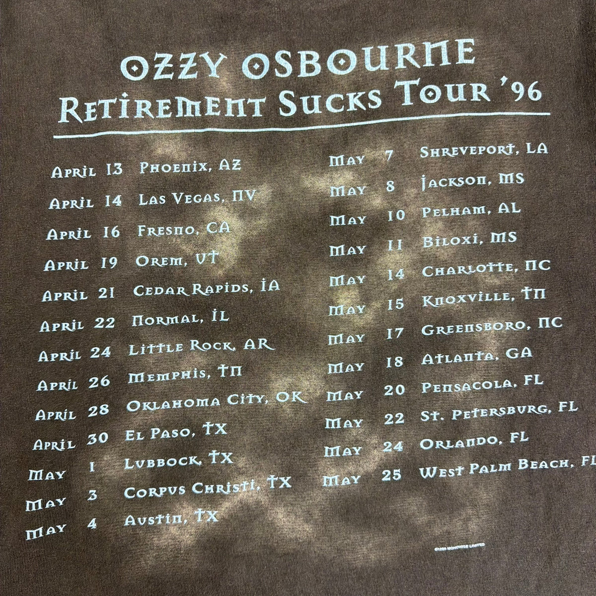1996 Ozzy Osbourne Retirement Sucks Tour Tee Faded Black