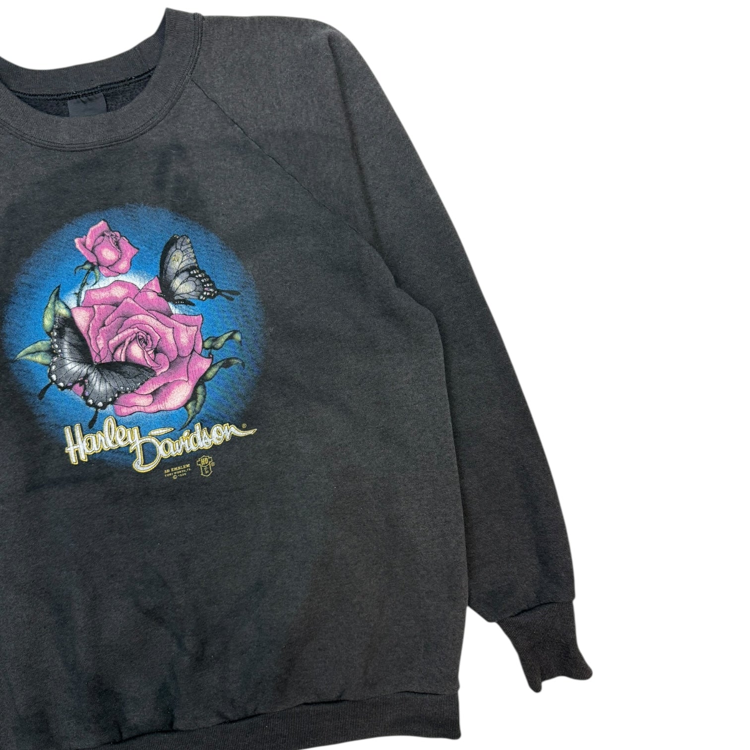 Vintage Harley Davidson 3D Emblem Rose Butterfly Crewneck Faded Black