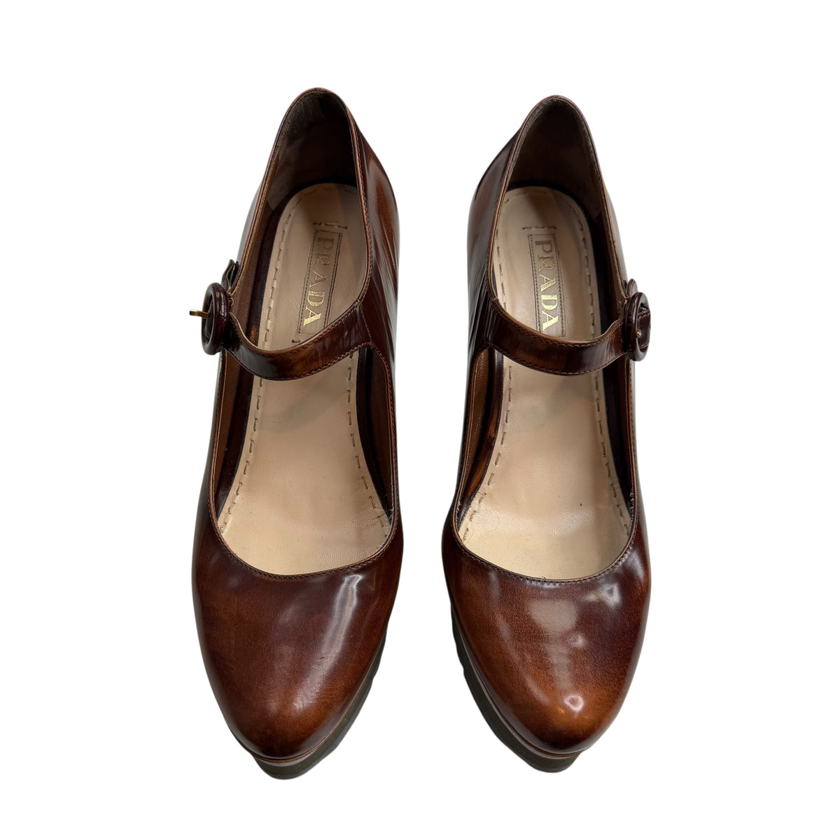(W) Prada Leather Stepped Sole Wedge Heel Pump Brown (Used)
