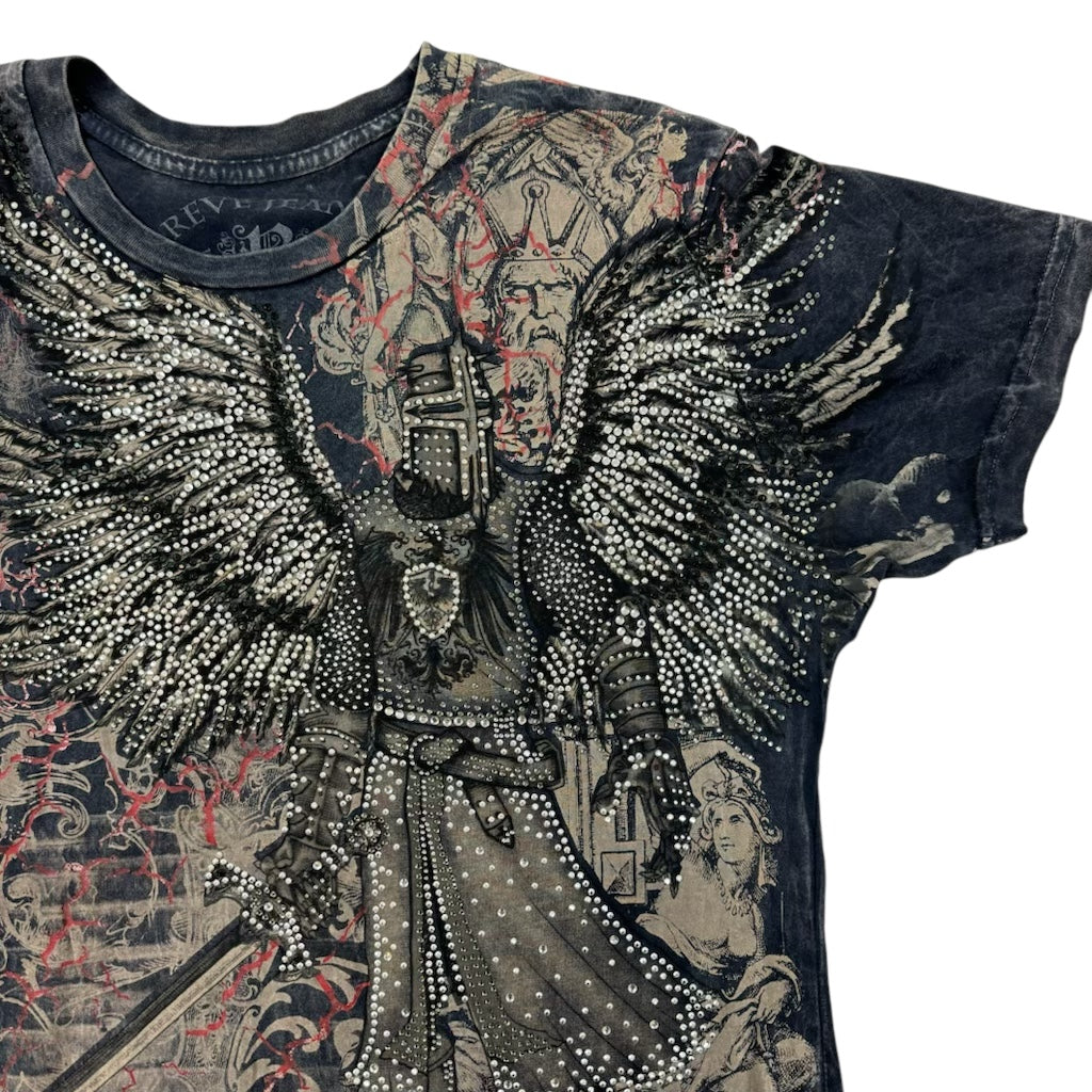 Vintage Y2K Reve Jeans Bedazzled Archangel Michael T-Shirt Black